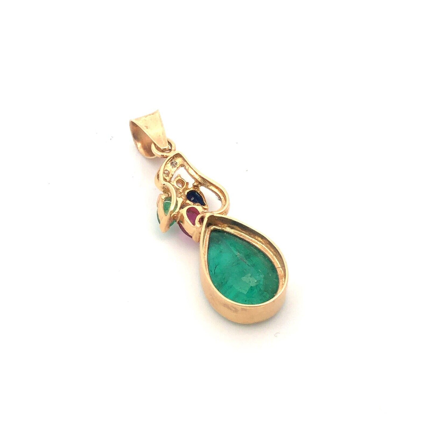 14K Yellow Gold Pear Emerald Sapphire Ruby Diamond Statement Pendant