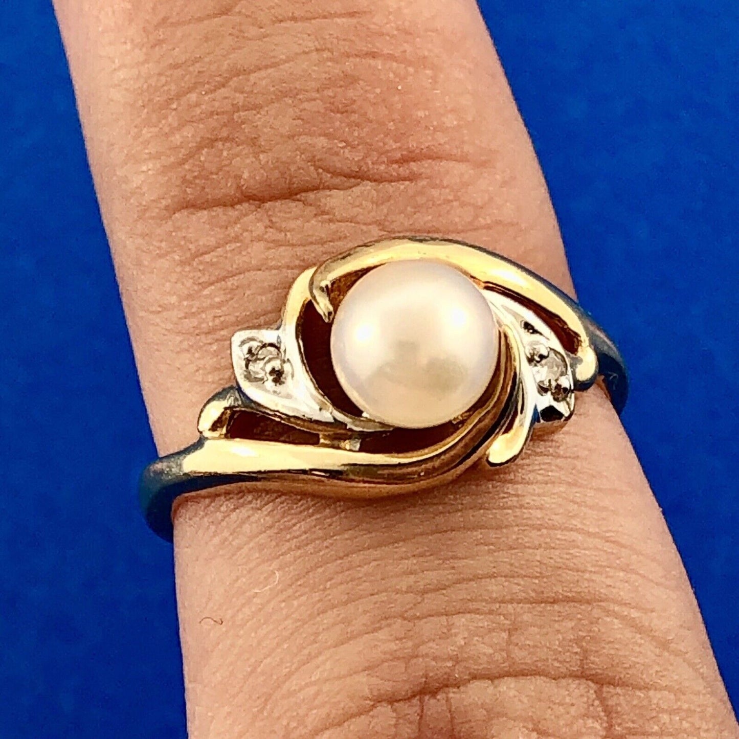 Vintage 10K Yellow White Gold Classic Pearl Diamond Freeform Swirl Cocktail Ring