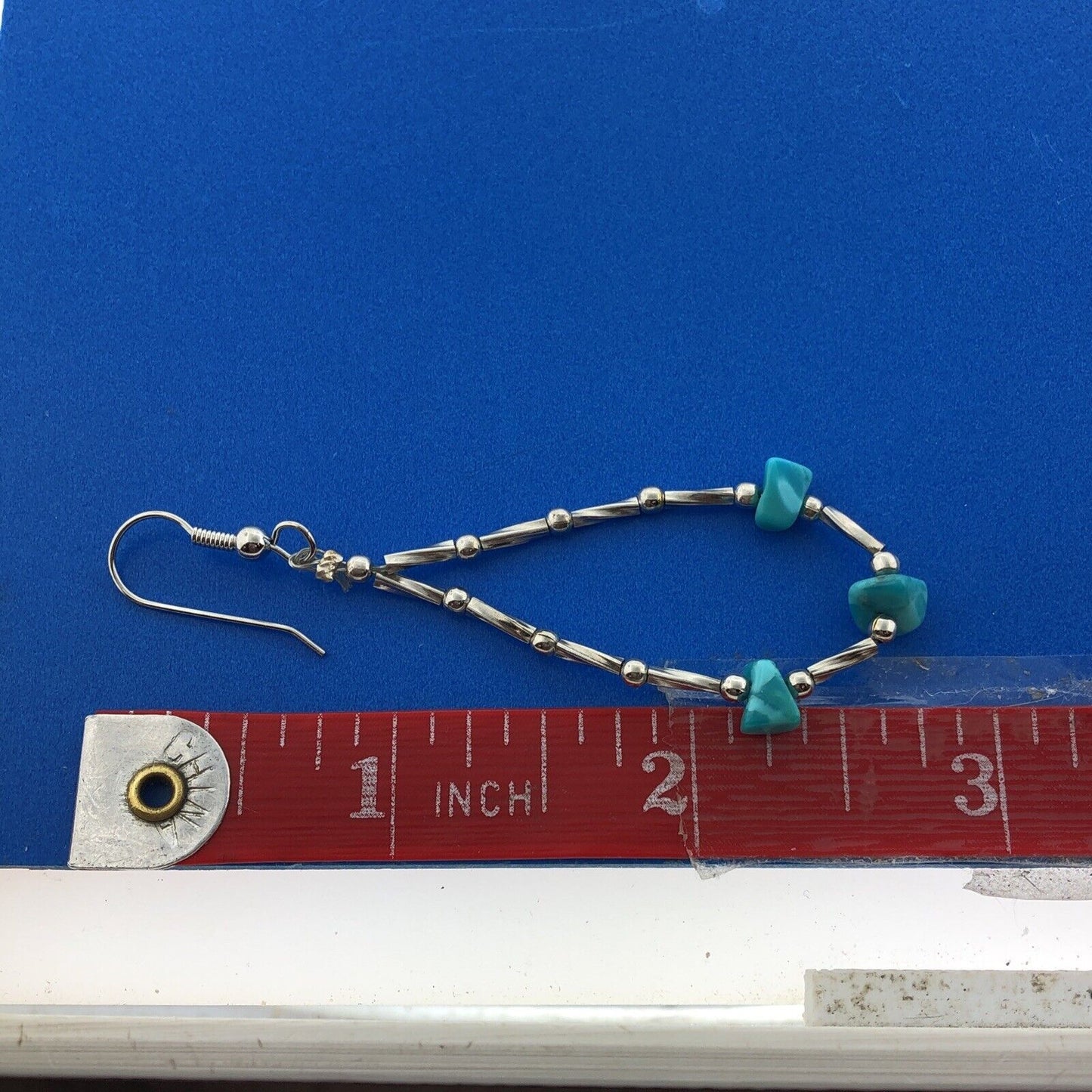 Vintage 925 Sterling Silver Turquoise Ball Beaded Oblong Soft Hoop Earrings