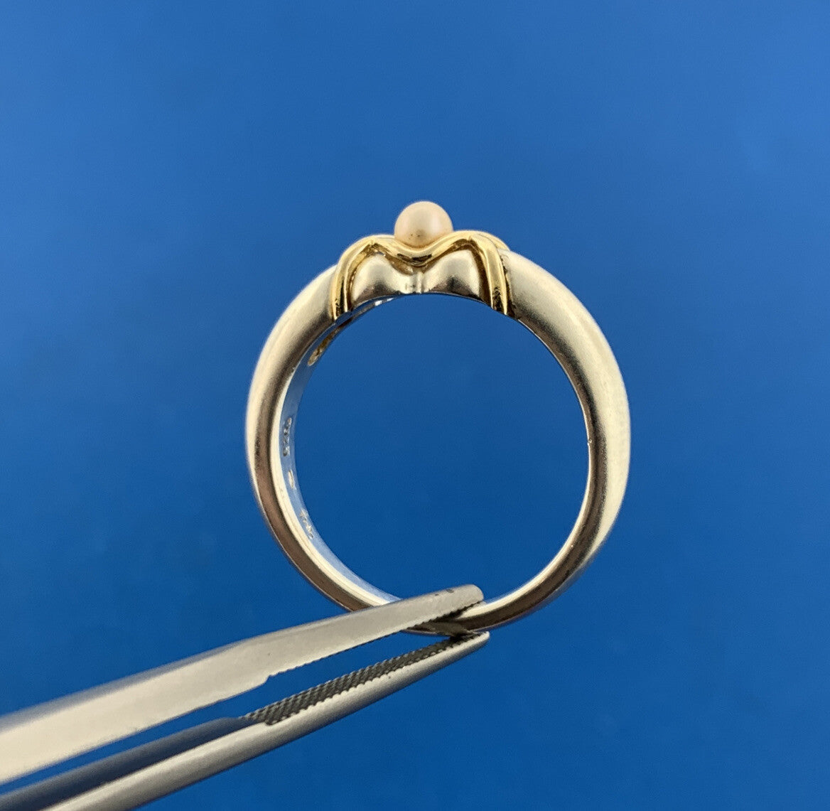 Designer THL 925 Sterling Silver Pearl Brushed Finish Two Tone Band Ring