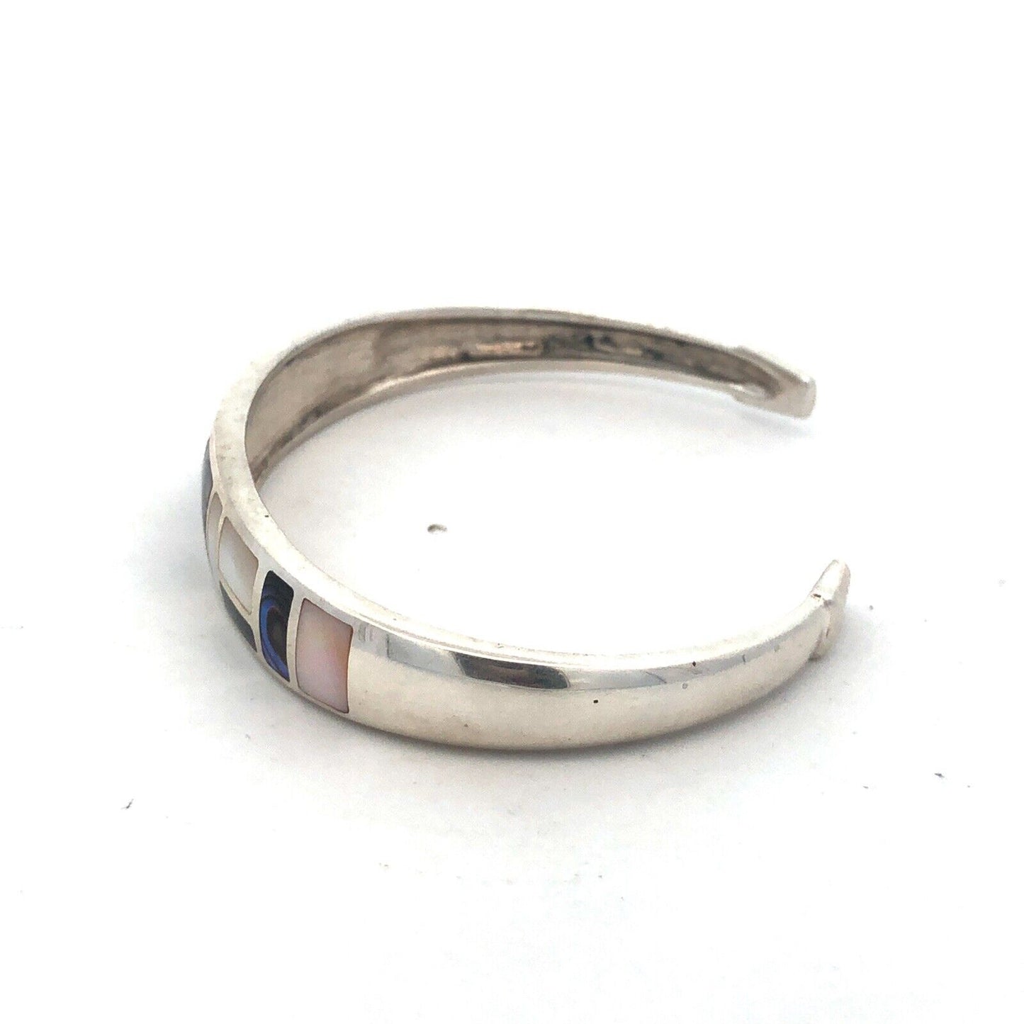 Designer Sterling Silver Abalone Mother Of Pearl Onyx Inlay Open Cuff Bracelet