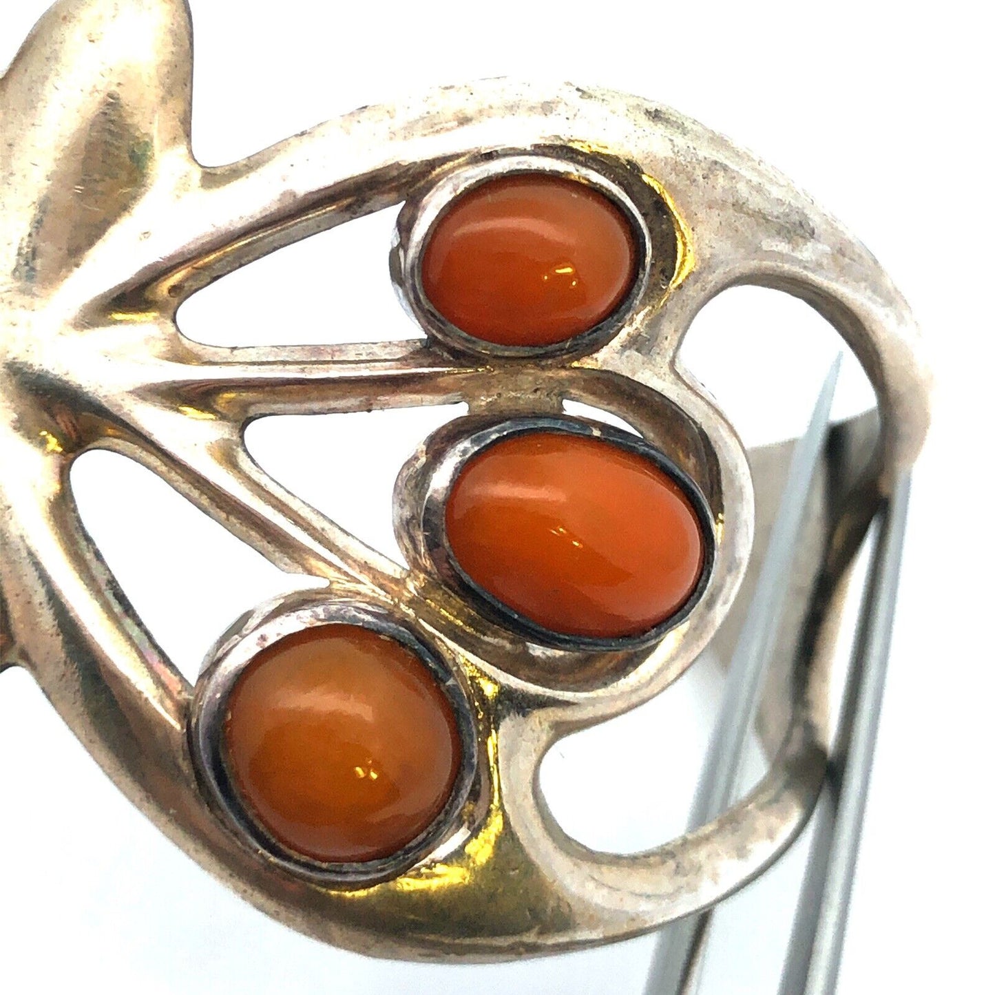 Modernist 925 Sterling Silver Mexican Fire Opal Butterfly Open Cuff Bracelet