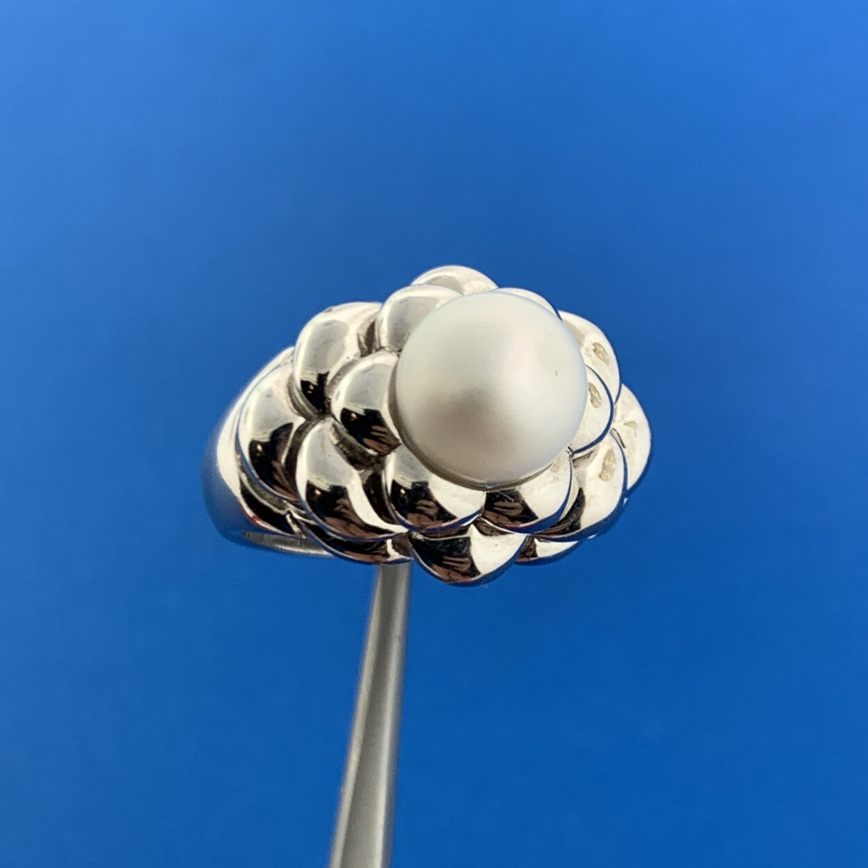 Vintage EA Sterling Silver 925 Pearl Flower Statement Cocktail Dome Ring