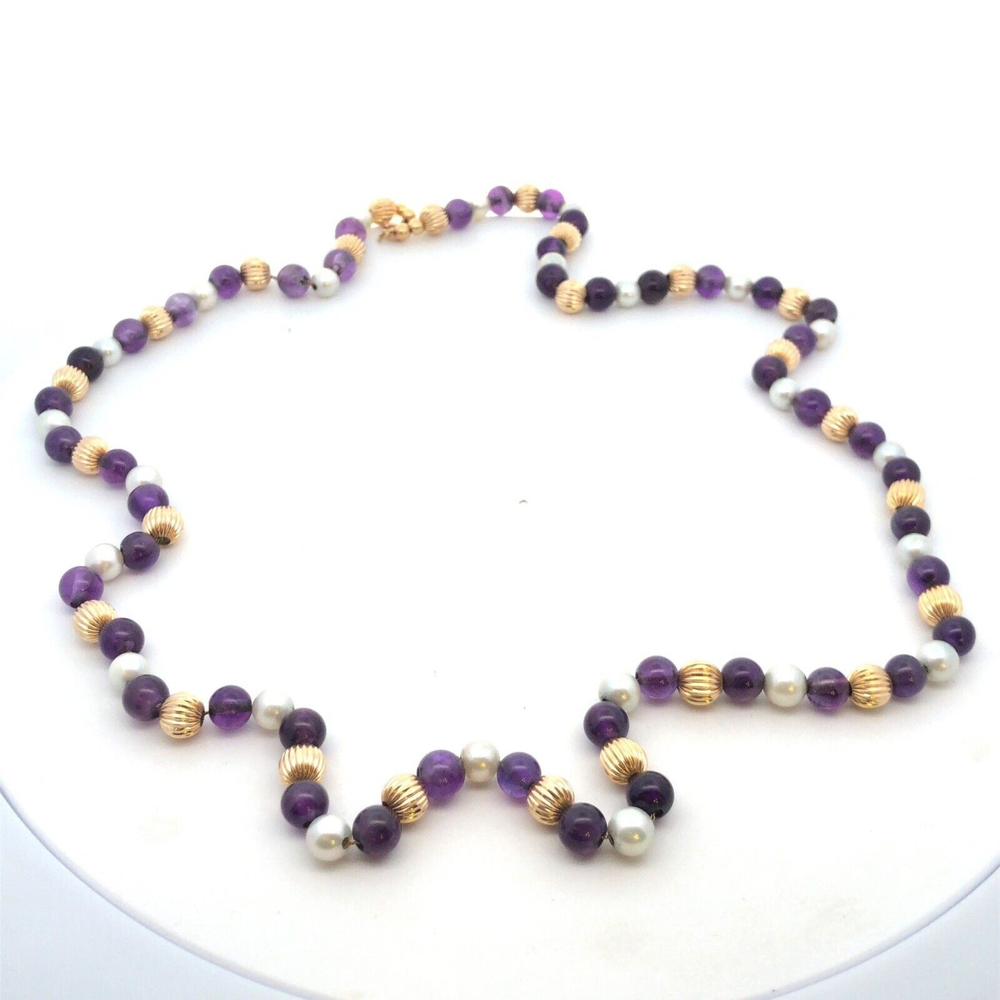 Estate 14K Yellow Gold Round White Pearl Purple Amethyst Beaded Necklace