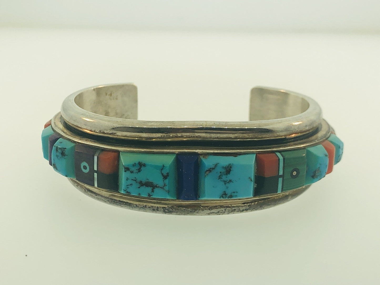 Native American 925 Sterling Silver Turquoise Multi Gem Cuff Bracelet Ronnie