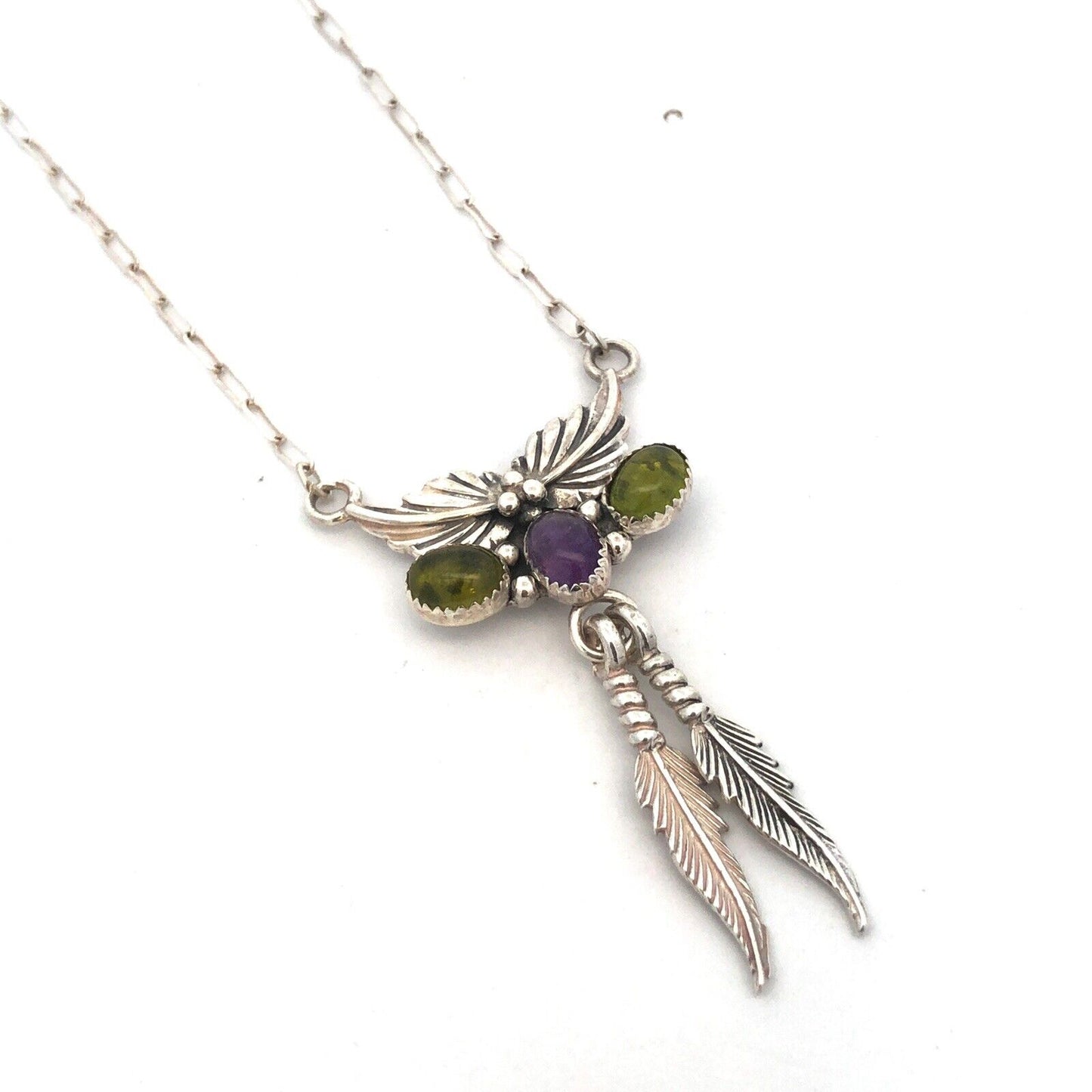 Jay King Desert Rose Trading Sterling Silver Amethyst Peridot Feather Necklace
