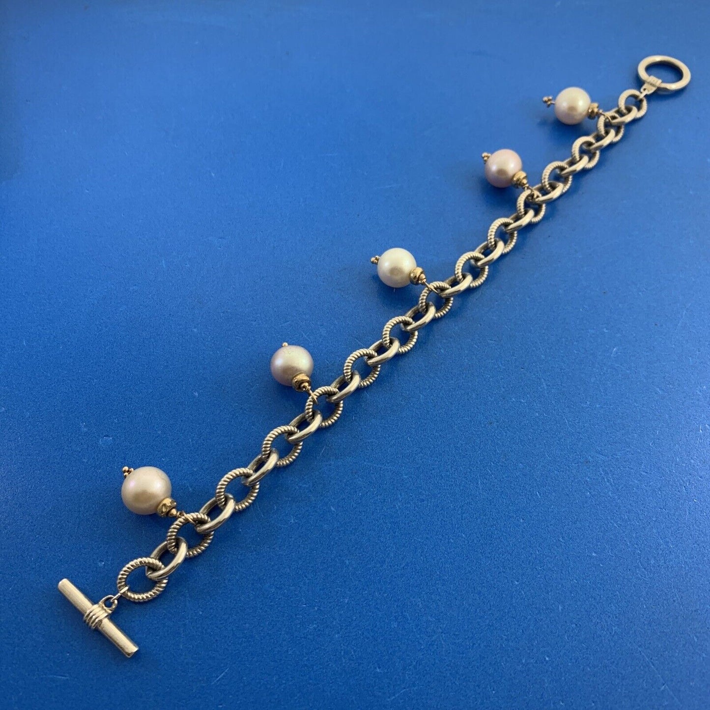 Estate 925 Sterling Silver 14K Gold Accented Pearl Charm Toggle Bracelet