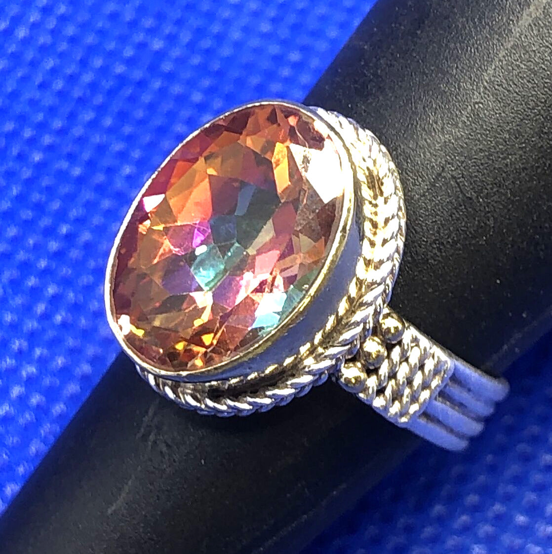 Designer Sterling Silver Oval Mystic Topaz Ribbed Twist Statement Cocktail Ring