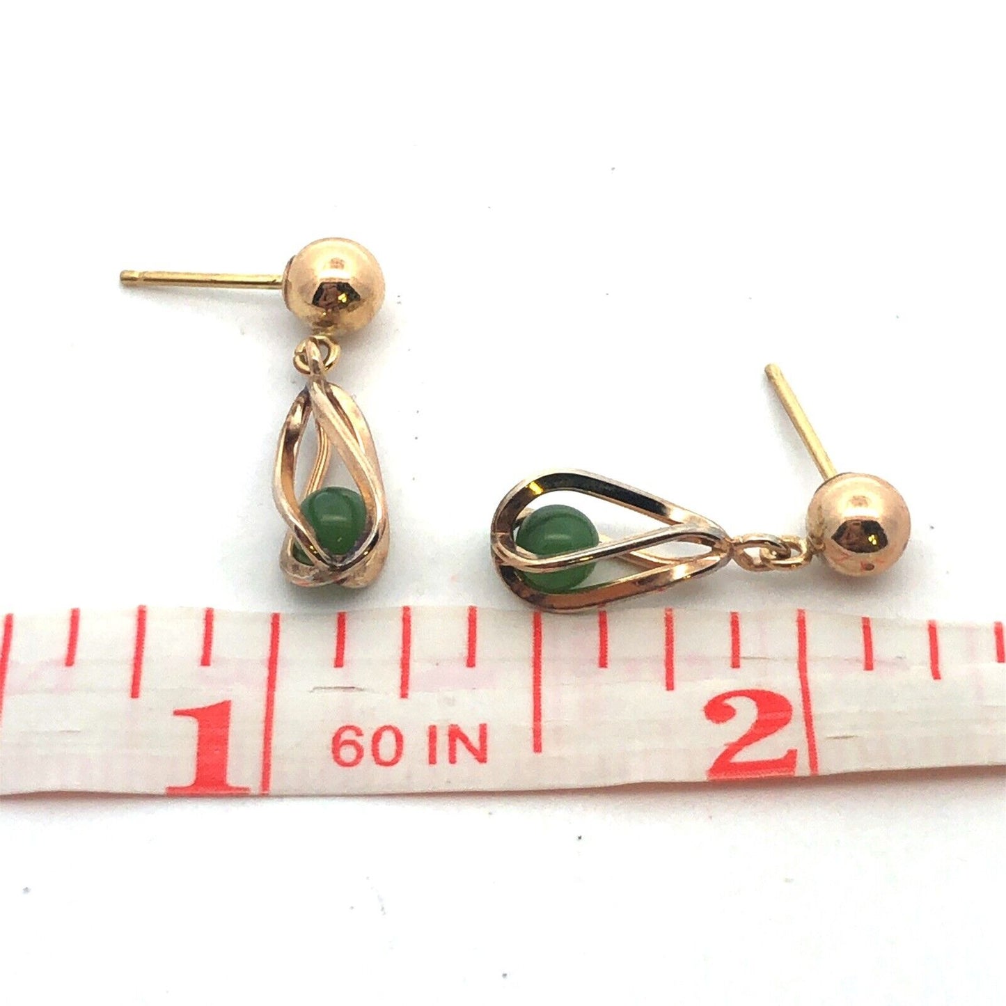 Vintage 10K Yellow Gold Jade Ball Twist Drop Dangle Earrings