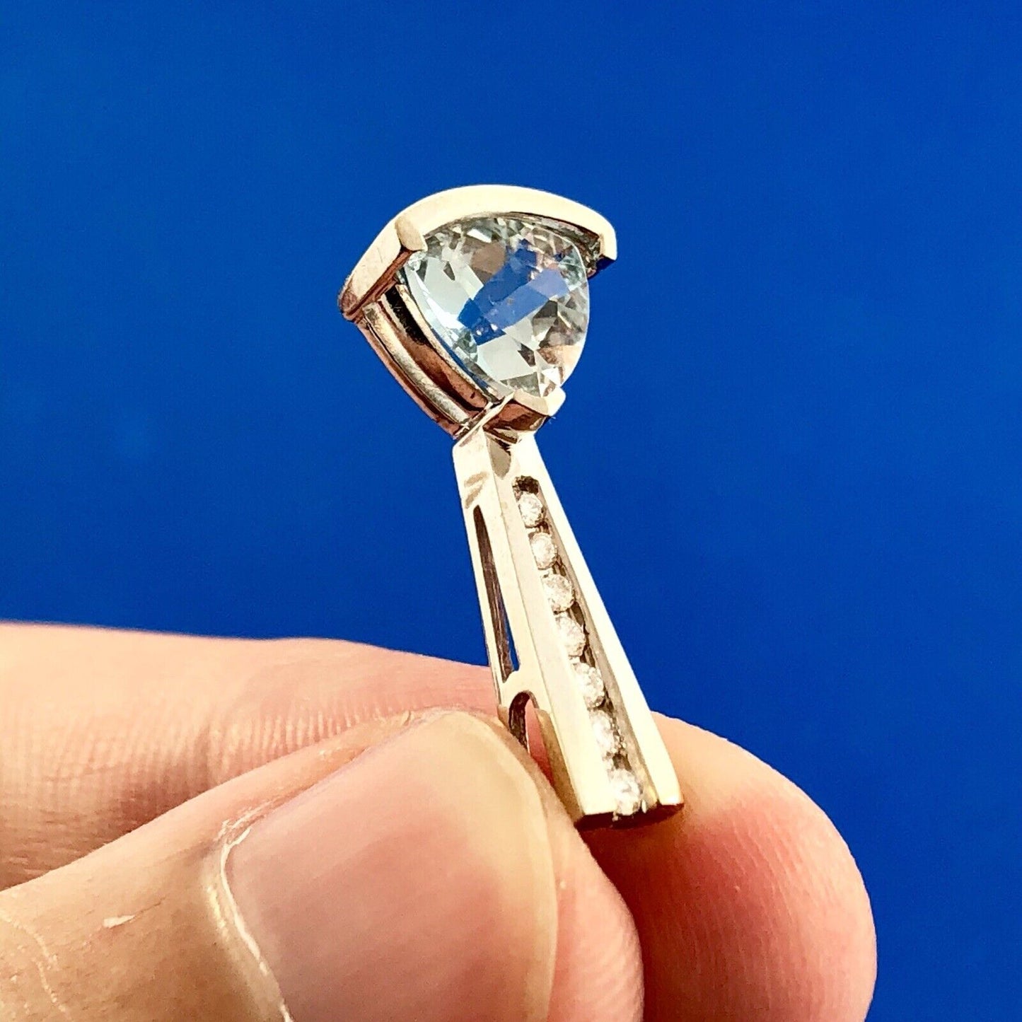 Designer MA 14K White Gold Trillion Cut Swiss Blue Topaz Diamond Accent Pendant