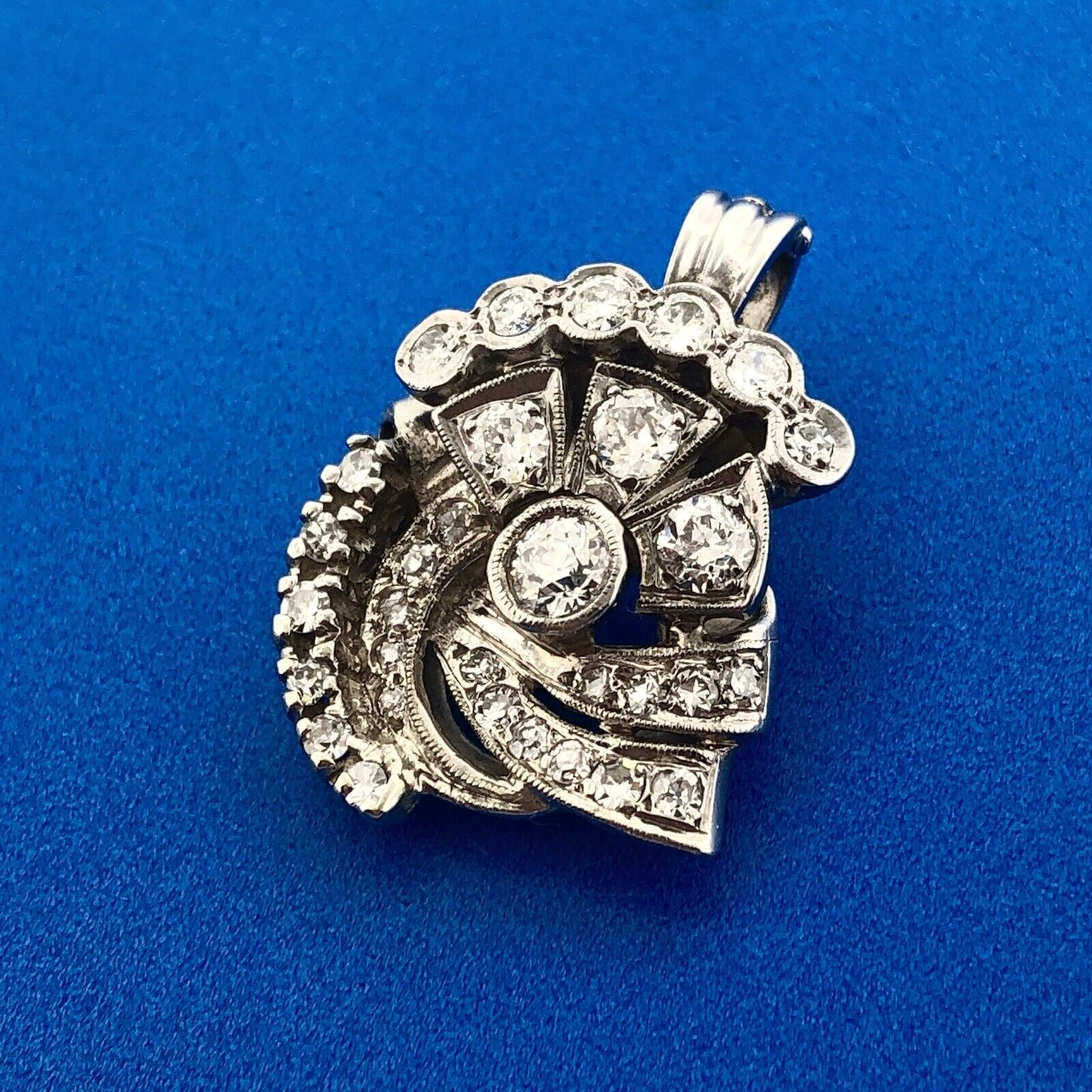Vintage Art Deco 14K White Gold Diamond Flower Cluster Enhancer Pendant Stunning