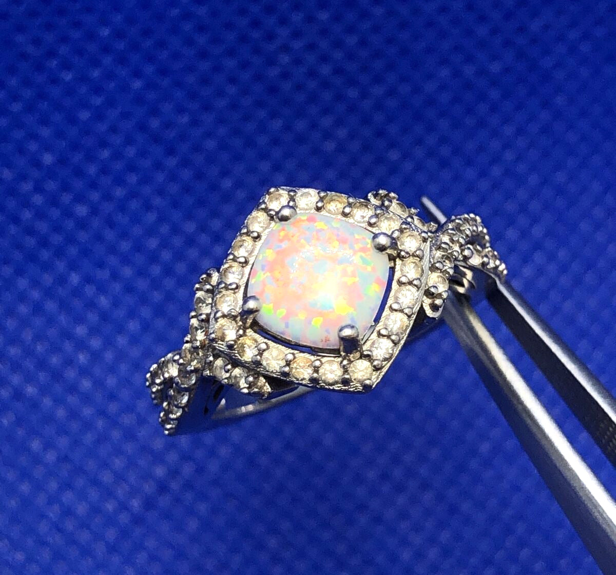 Designer SUN 925 Sterling Silver Opal Diamond Accented Size 6 Statement Ring