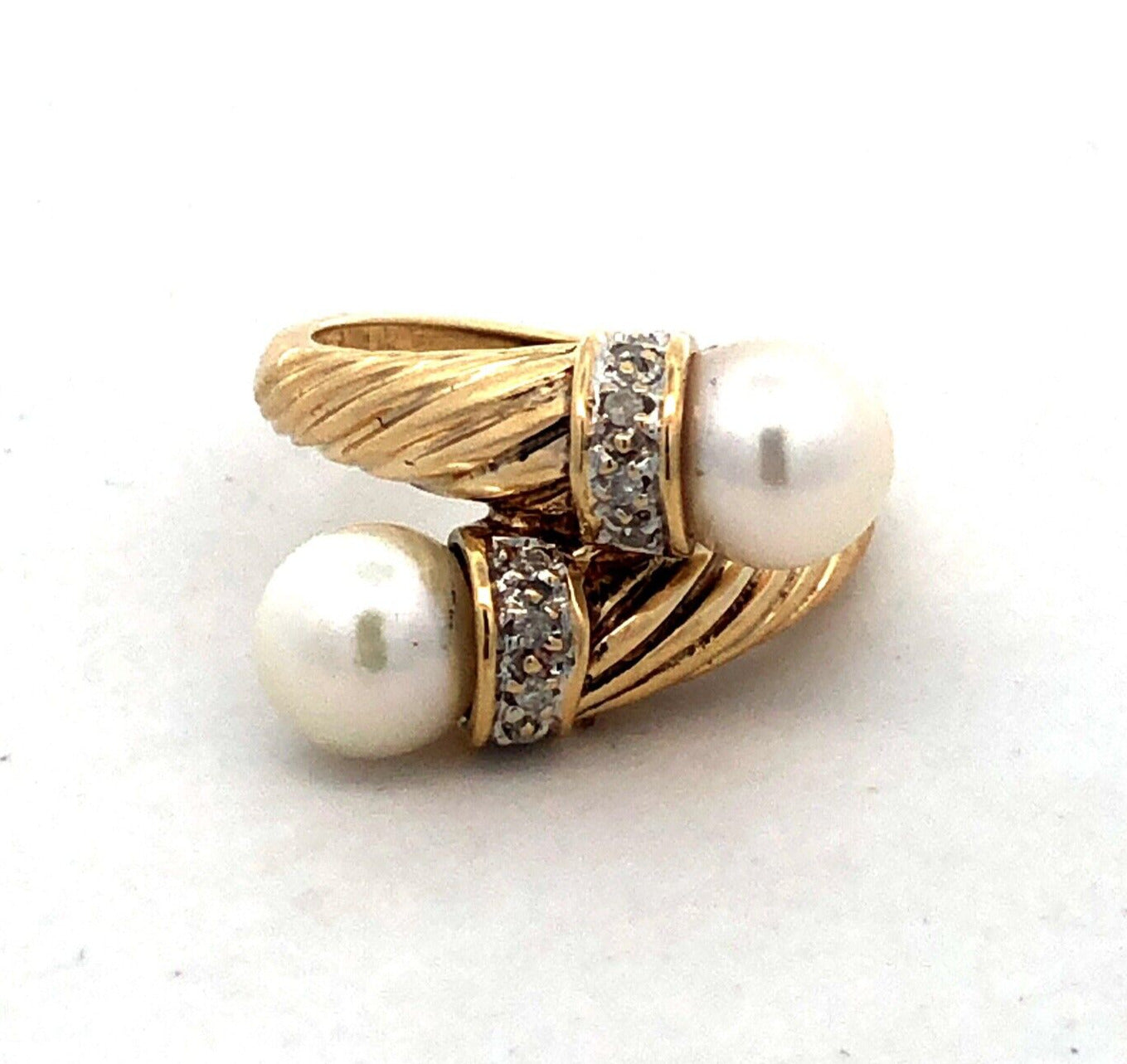 Designer H 14K Yellow Gold Round Pearl Diamond Twist Textured Bypass Ring