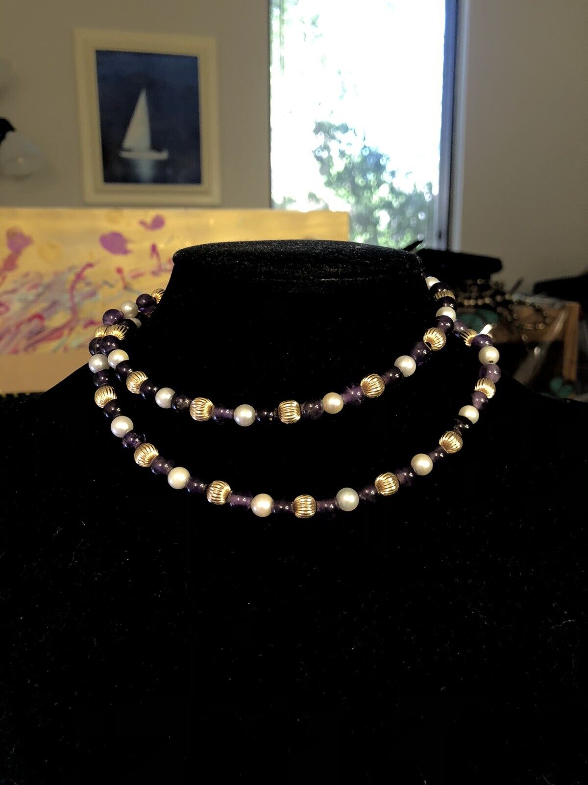Estate 14K Yellow Gold Round White Pearl Purple Amethyst Beaded Necklace