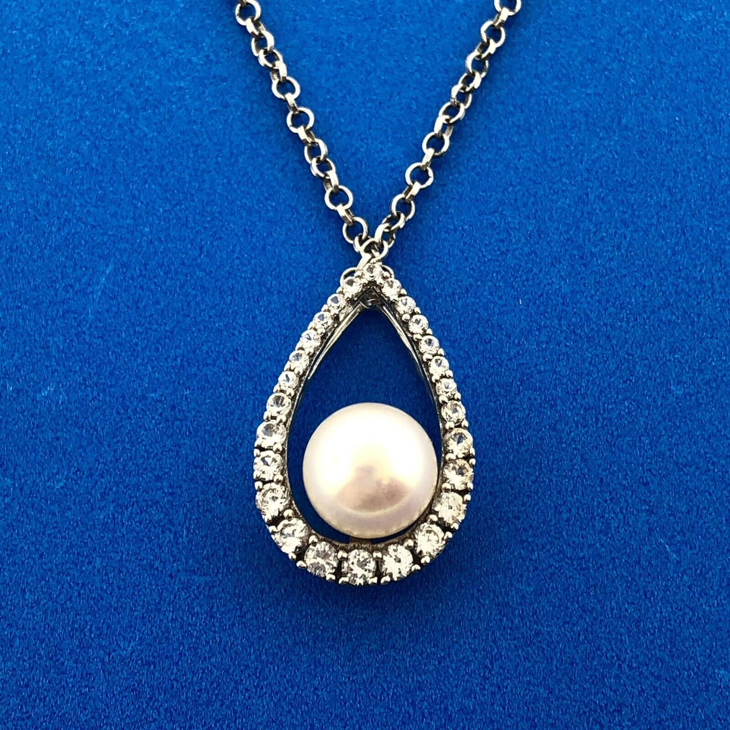 Designer Sterling Silver Pearl Diamond Bridal Perfect Pear Drop Pendant Necklace