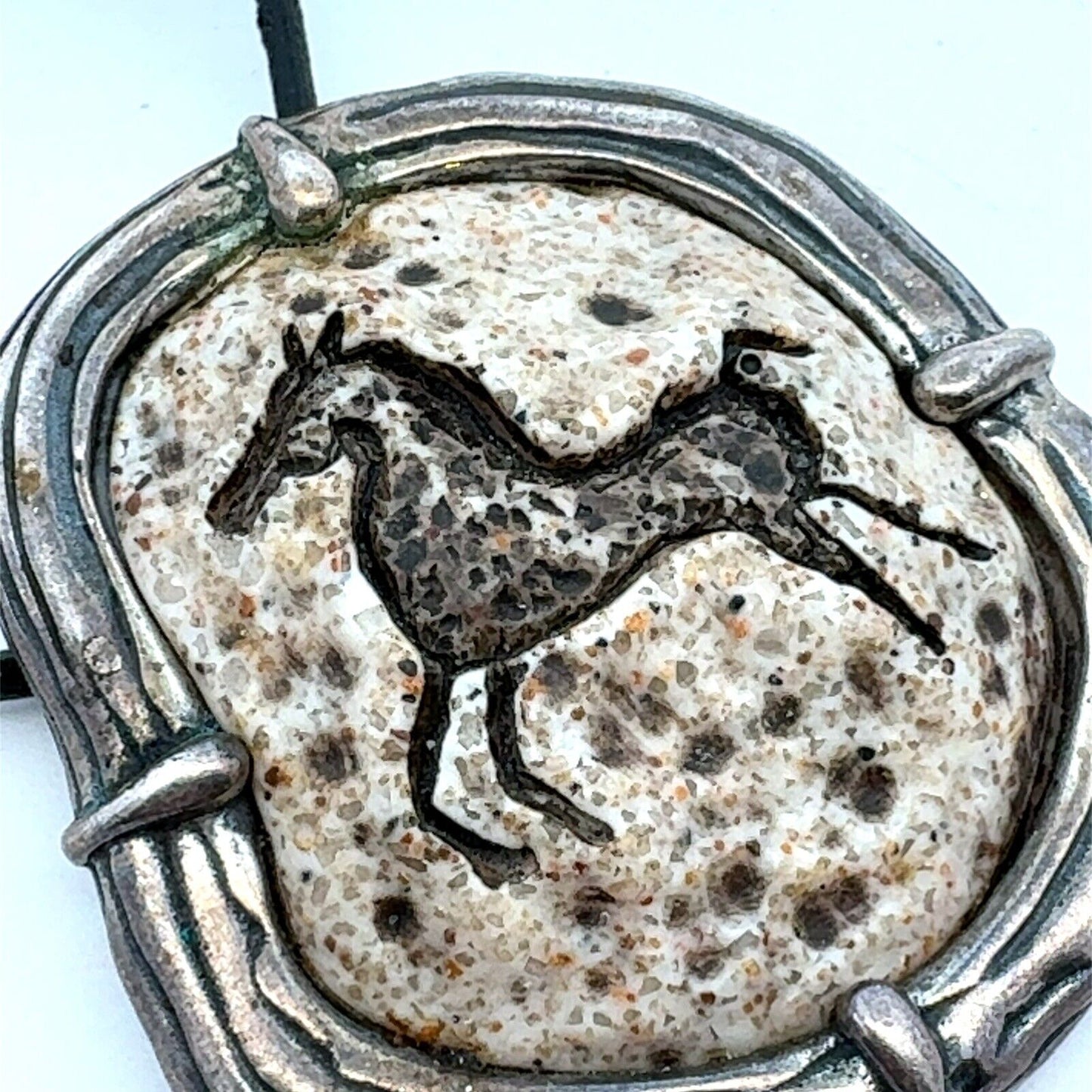 Vintage Sterling Silver Stone Carved Horse Statement Pendant Leather Necklace