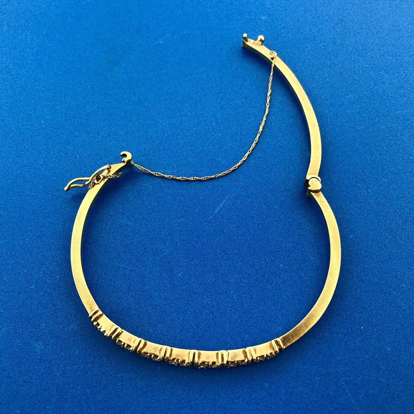 Vintage 14k Yellow Gold Round Cut Diamond Hinged Cuff w/Safety Chain Bracelet