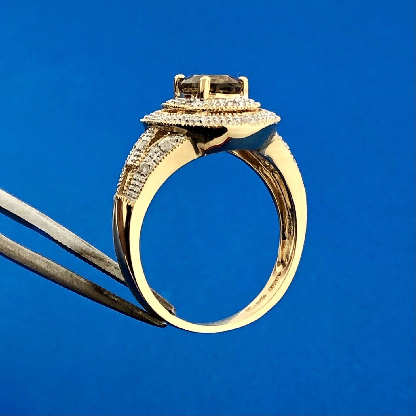 Designer DYACH 14K Yellow Gold Oval Smoky Quartz Diamond Double Halo Ring