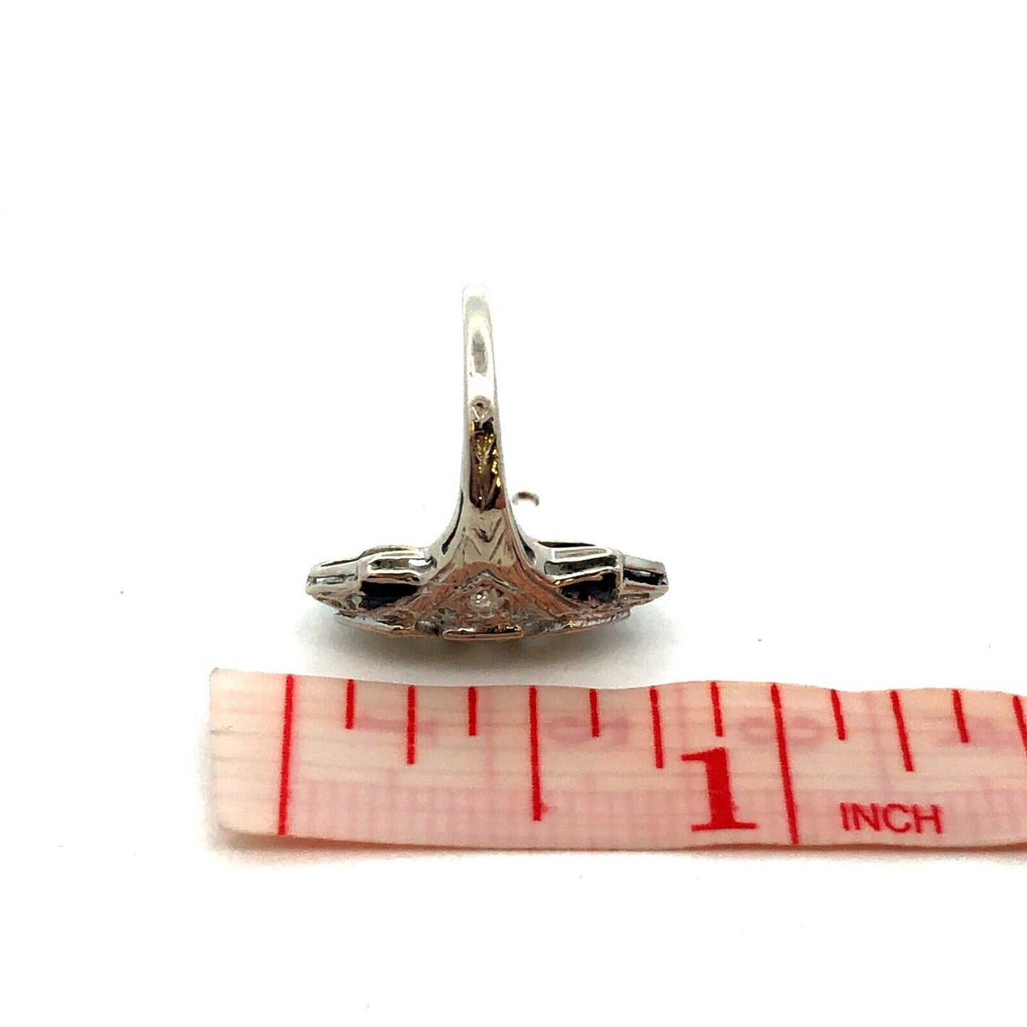 Vintage Art Deco 14K White Gold Diamond Lab Created Sapphire Filigree Oval Ring