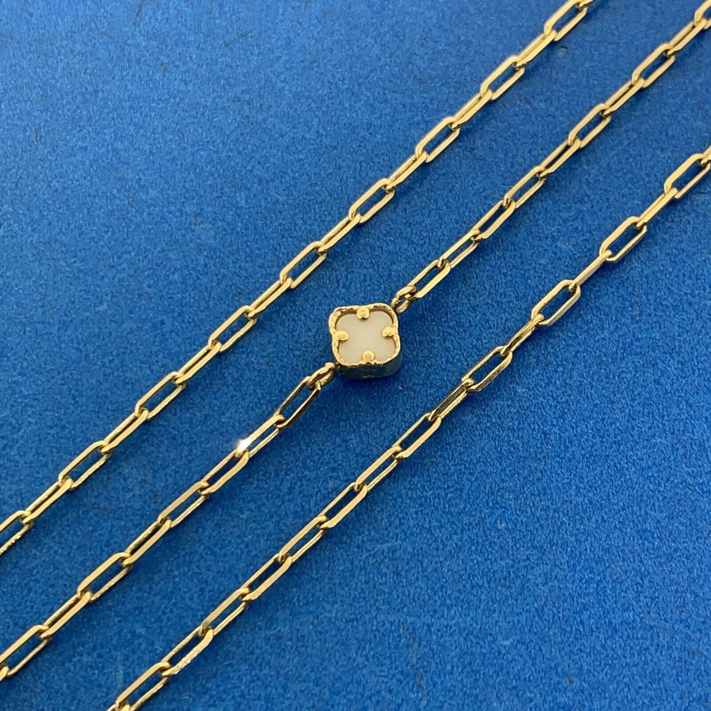 14K Yellow Gold Four Leaf Clover Paper Clip Chain Station Necklace