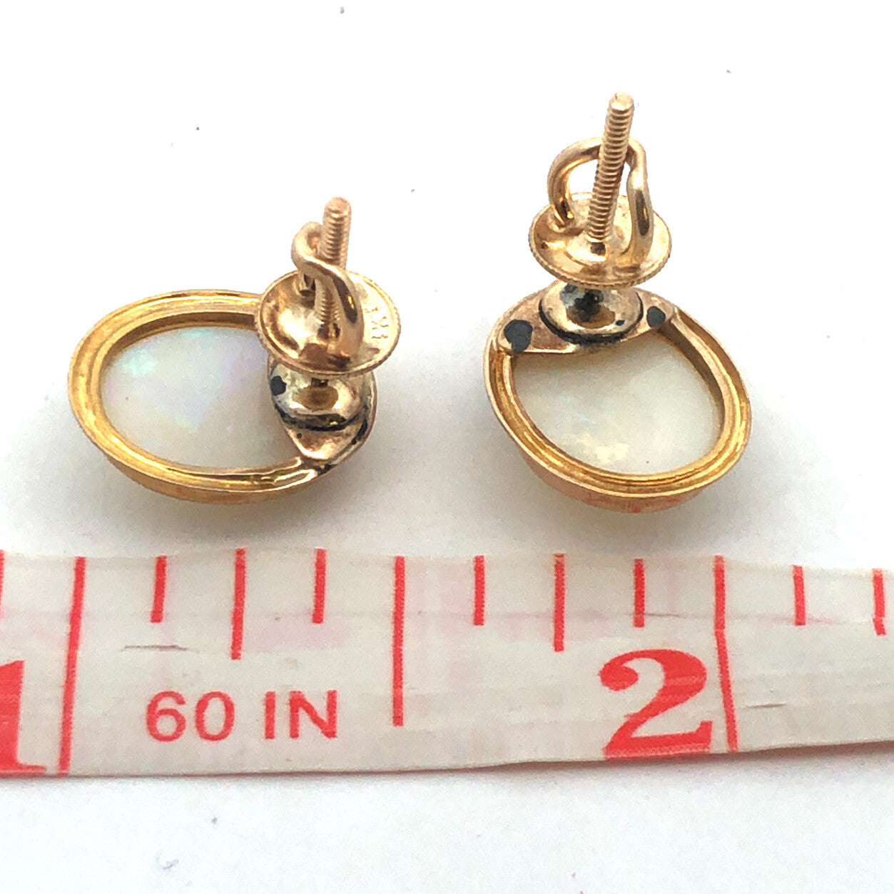 14K Yellow Gold Oval Opal Cabochon October Sweetheart Anniversary Stud Earrings