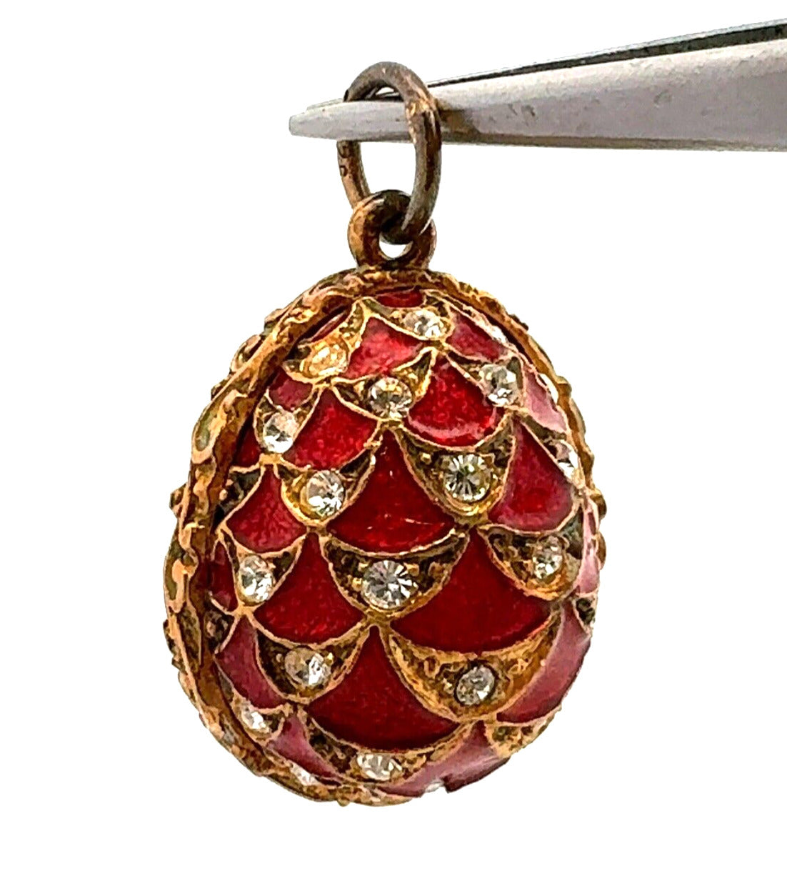 Vintage 925 Sterling Silver Gold Vermeil CZ Red Enamel Faberge Egg Pendant