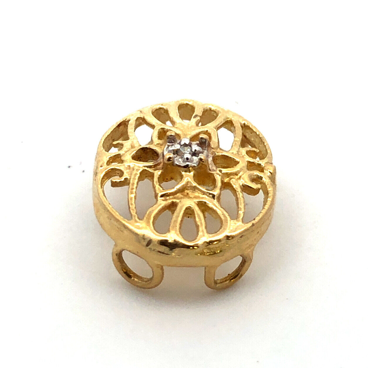 Designer 10K Yellow Gold Diamond Floral Scroll Oval Slide Bracelet Charm
