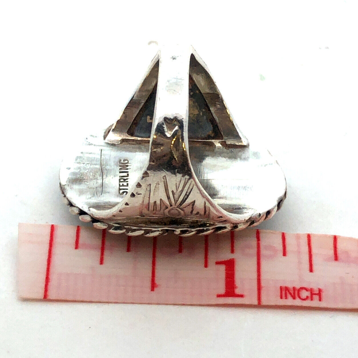 Native American Concho 925 Sterling Silver Oval Turquoise Storyteller Ring