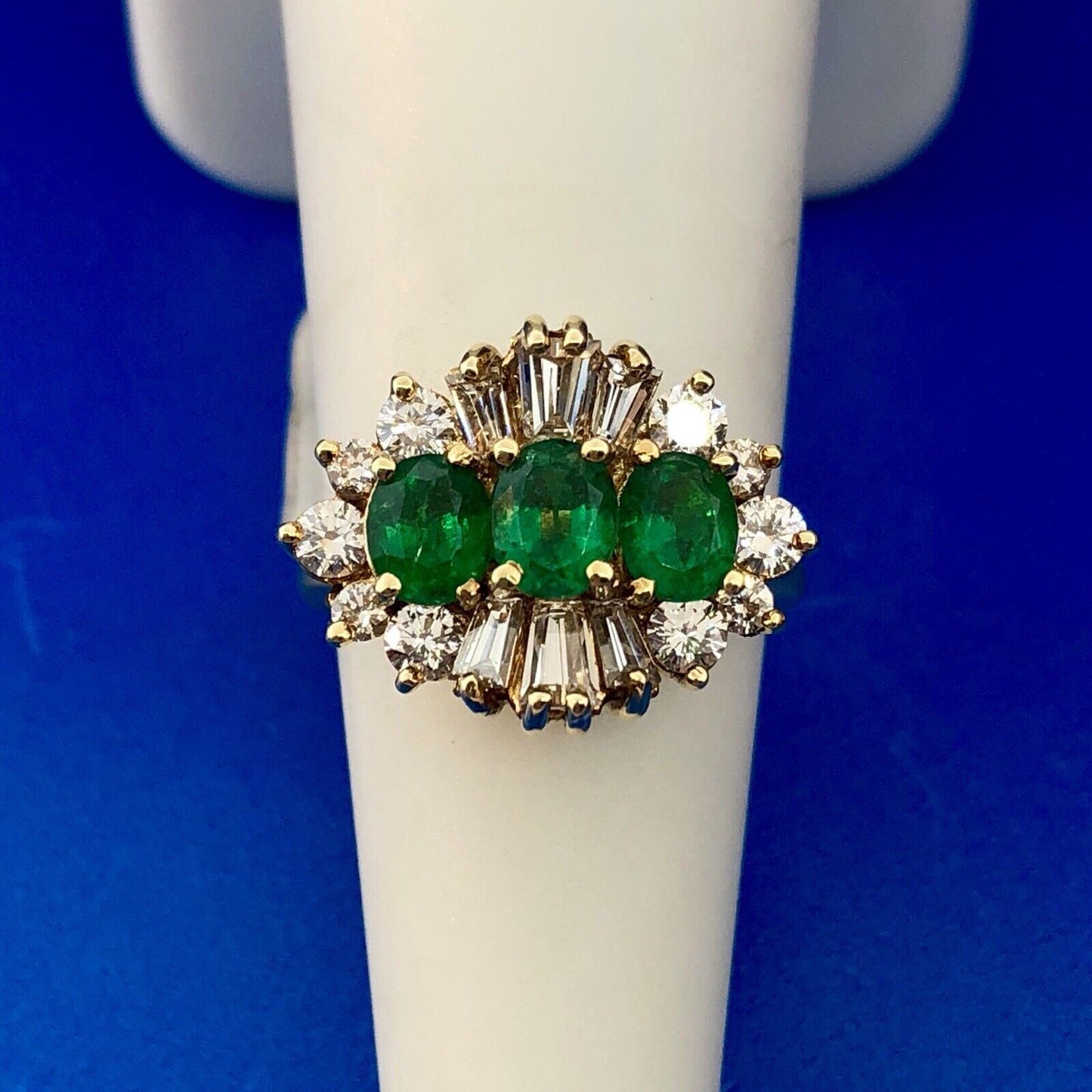Vintage 14k Yellow Gold Three Oval Emerald Ring w/ Round & Baguette Diamonds