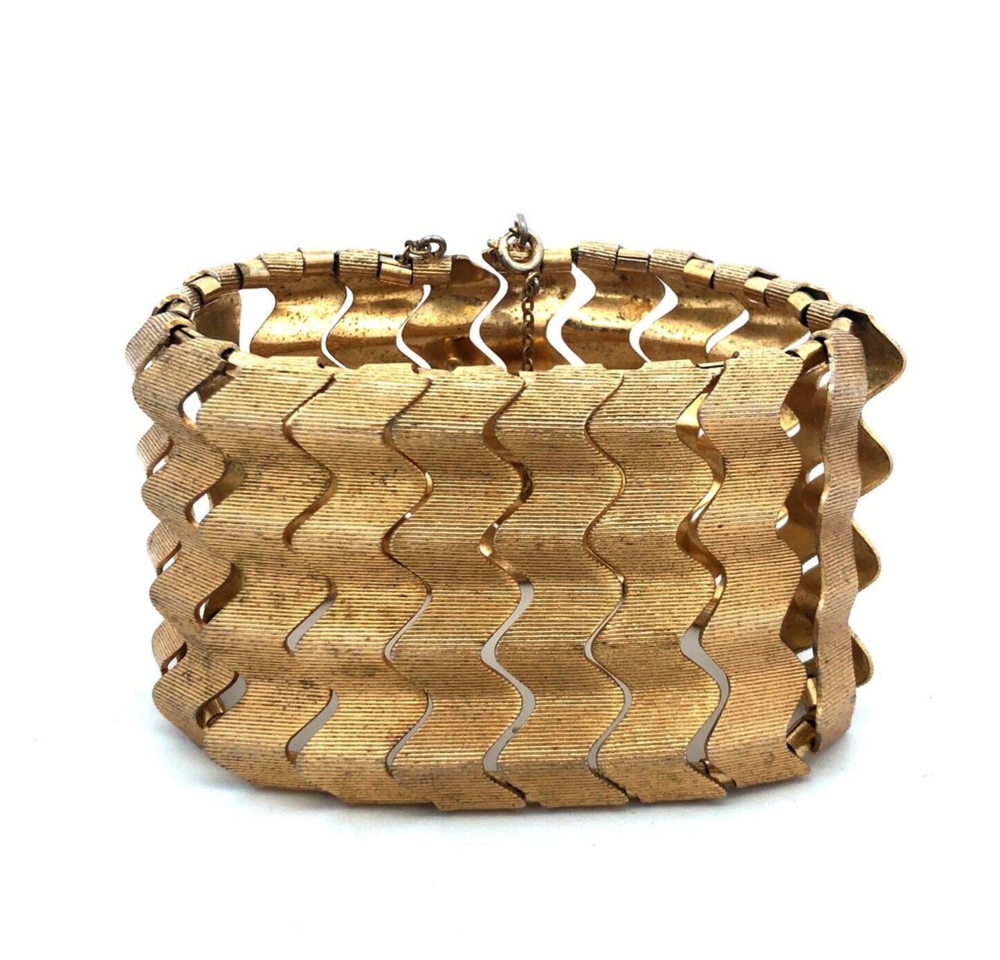 Mid Century Modernist Gold Tone Wave Link Wide Cuff Statement Bracelet