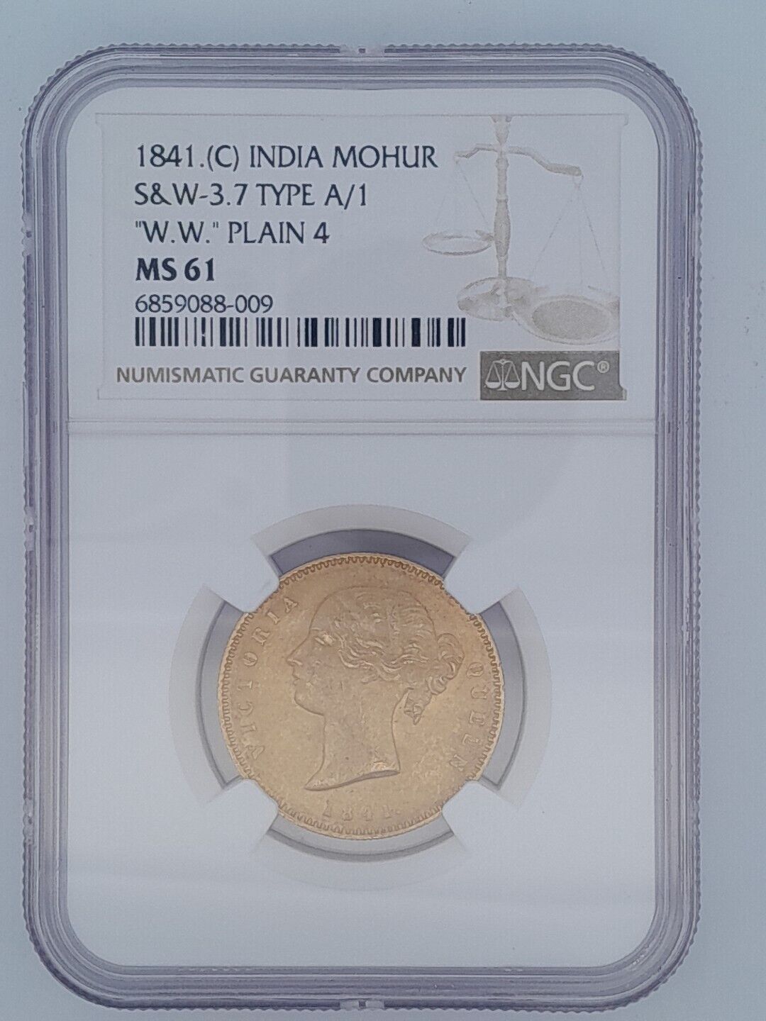 1841 C British India Mohur S & W-3.7 Type A/1 "W.W." Plain 4 NGC MS61 Gold Coin