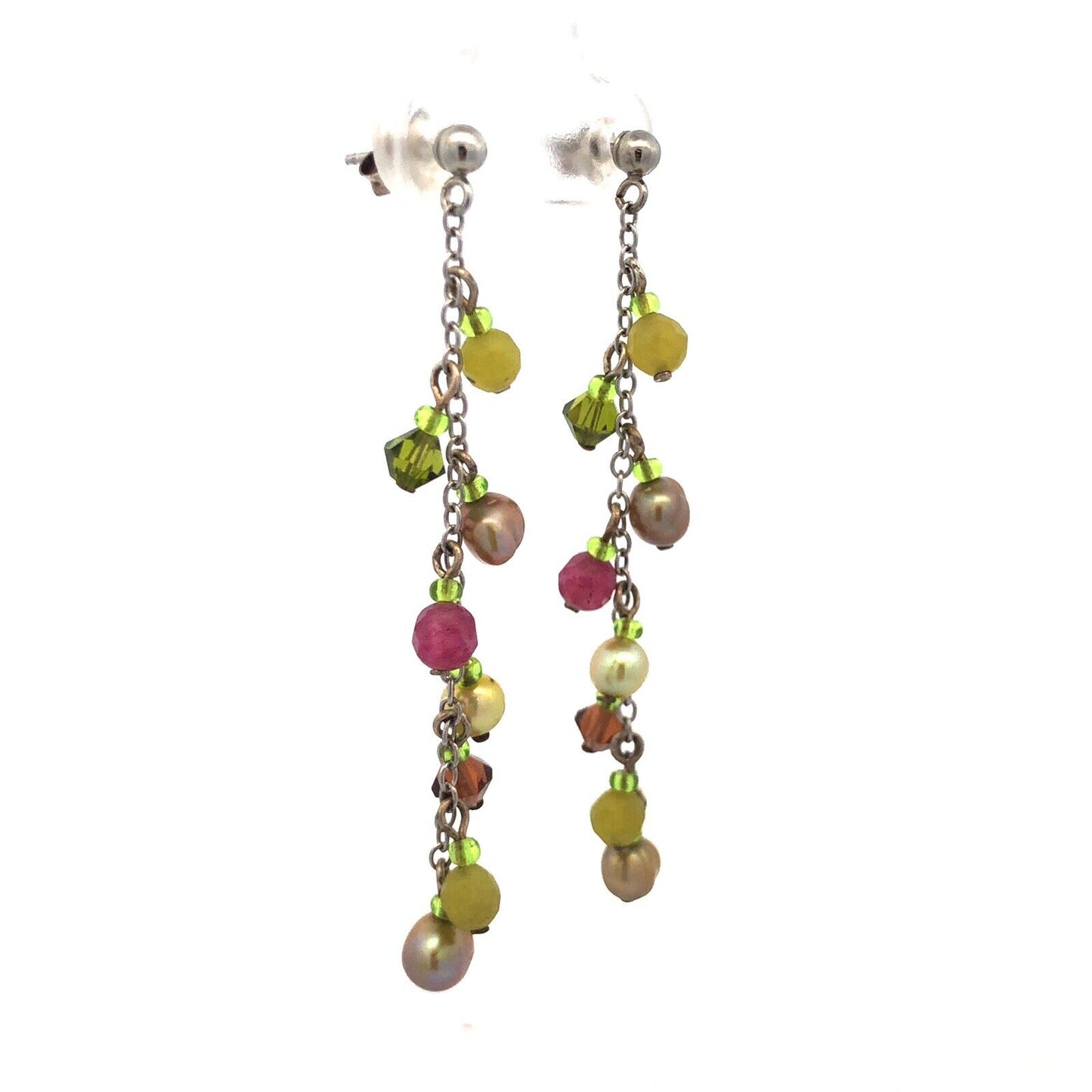 925 Sterling Silver Multi Gemstone Green Purple Cluster Dangle Earrings