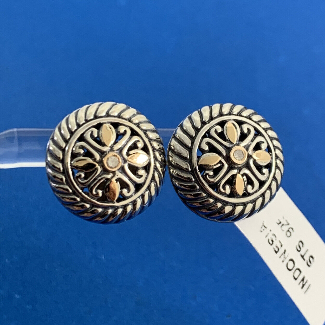 Designer STS 925 Sterling Silver 18K Diamond Dome Button Earrings NWT