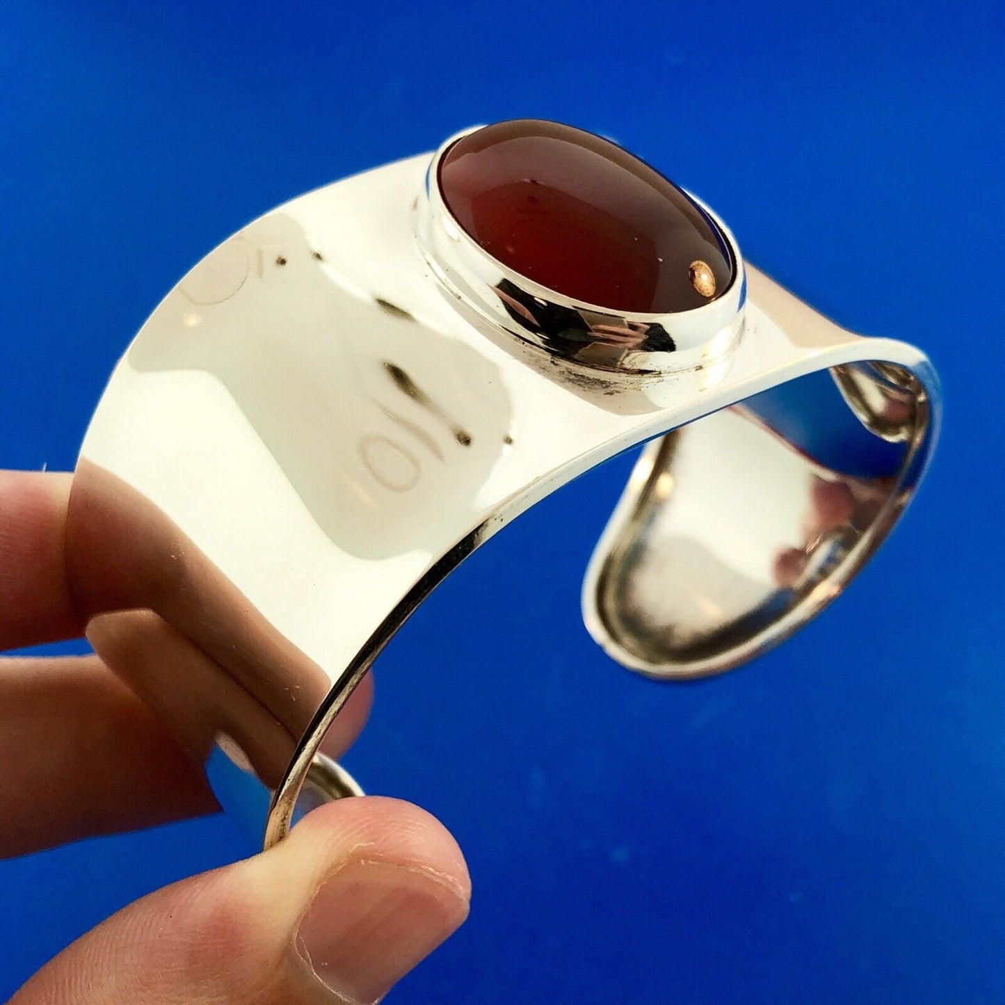 CII Mexico Taxco 925 Sterling Silver Carnelian Cabochon Statement Cuff Bracelet