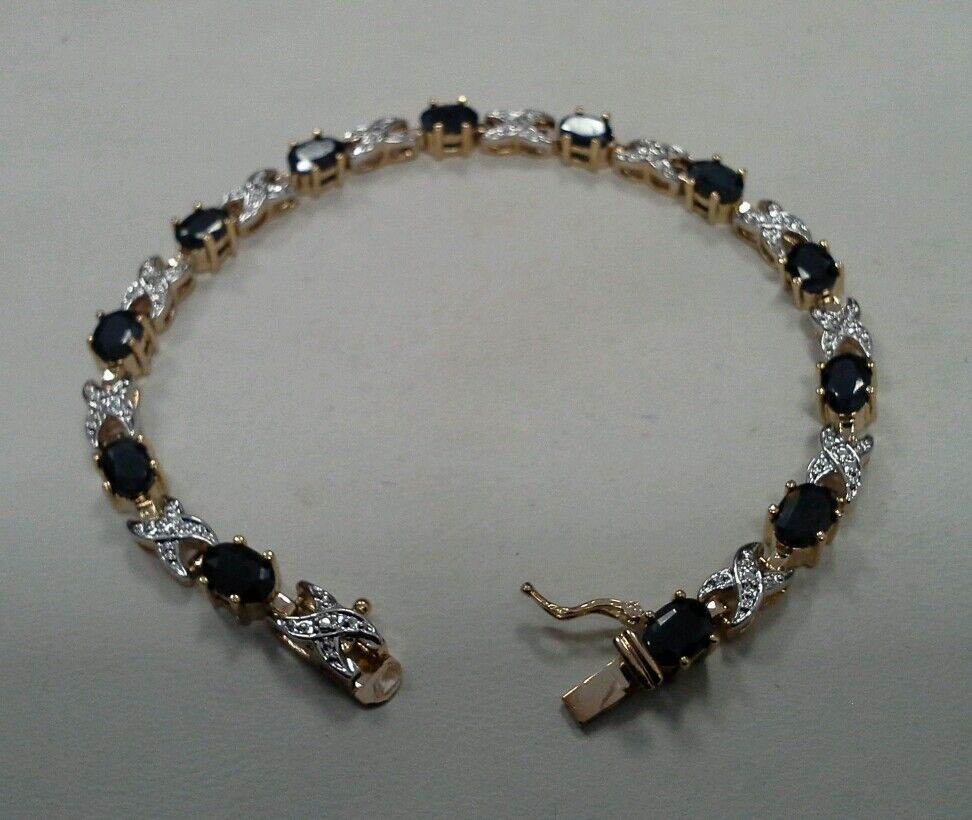 Retro Sterling Silver Vermeil 925 Oval Sapphire X O Two Toned Tennis Bracelet