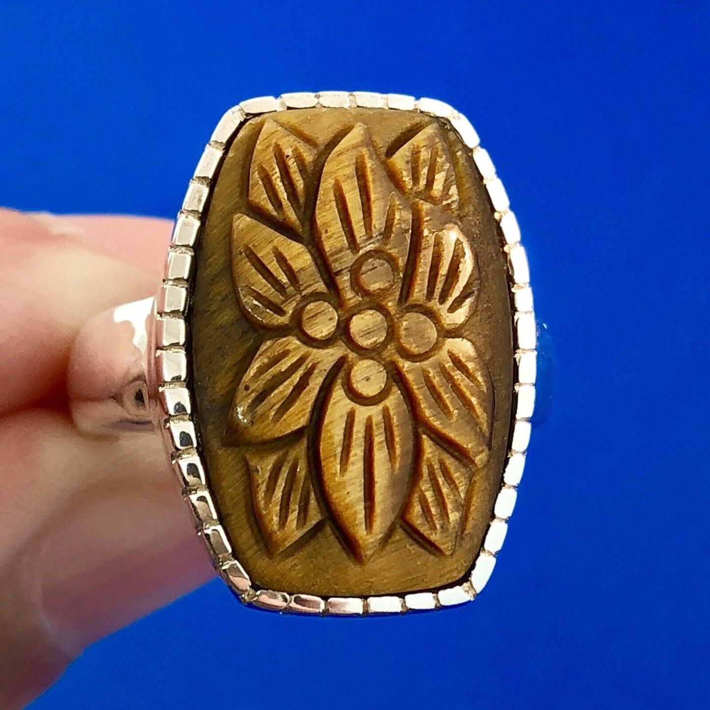 Whitney Kelly WK 925 Sterling Silver Floral Carved Tiger Eye Statement Ring