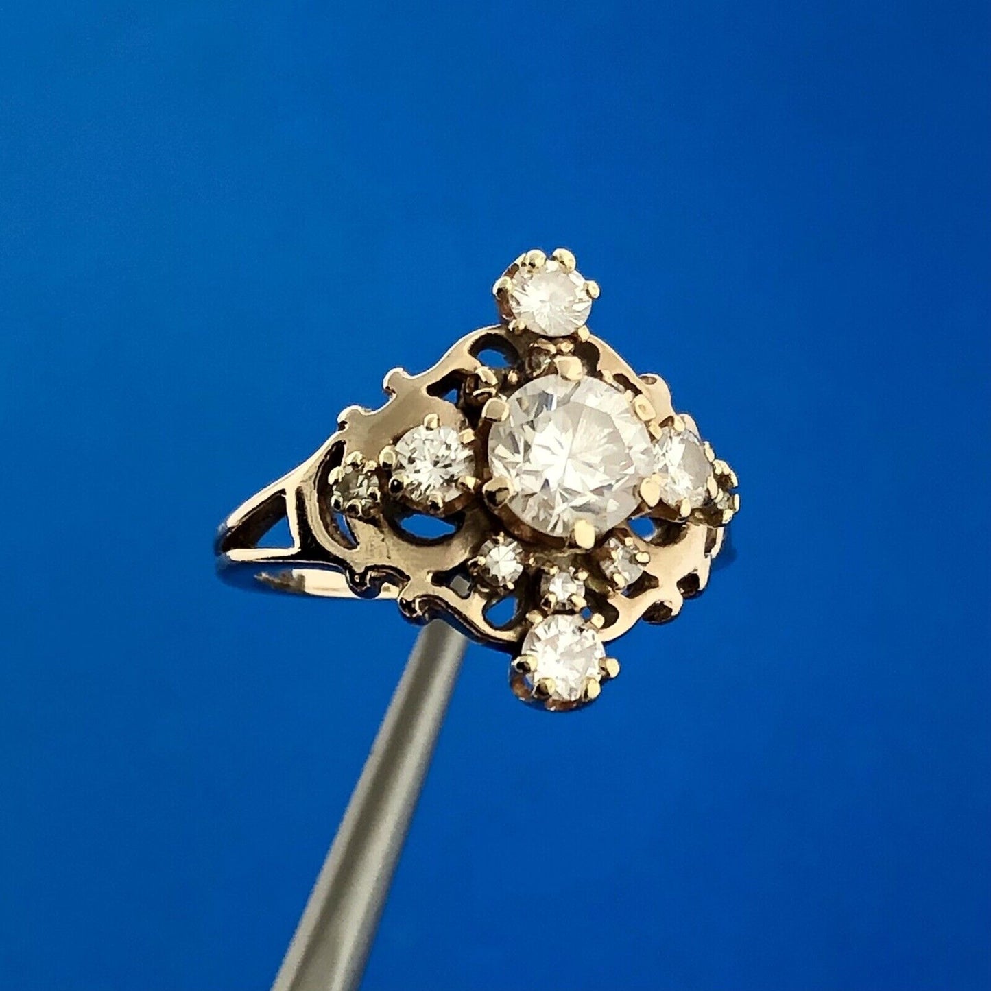 Vintage 14K Yellow Gold Diamond Solitaire Accented Etruscan Style Ring