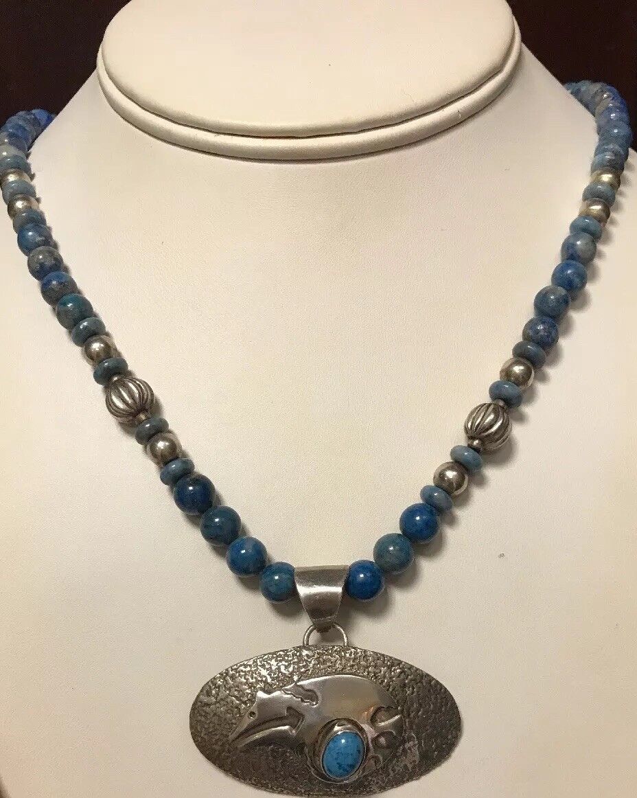 Vintage Native American Sterling Silver 925 Lapis Lazuli Bead Concho Necklace