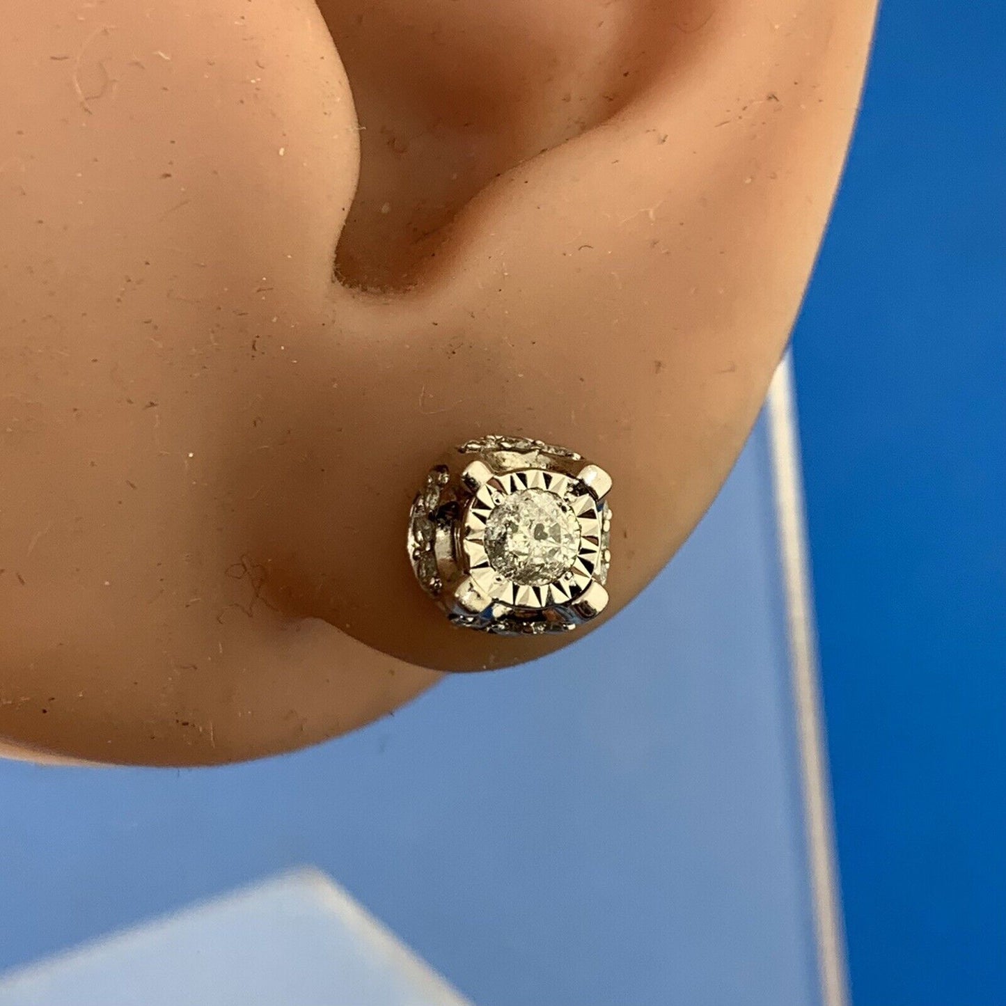 Designer ZEI 10K White Gold Diamond Stud Hidden Halo Elegant Stud Earrings