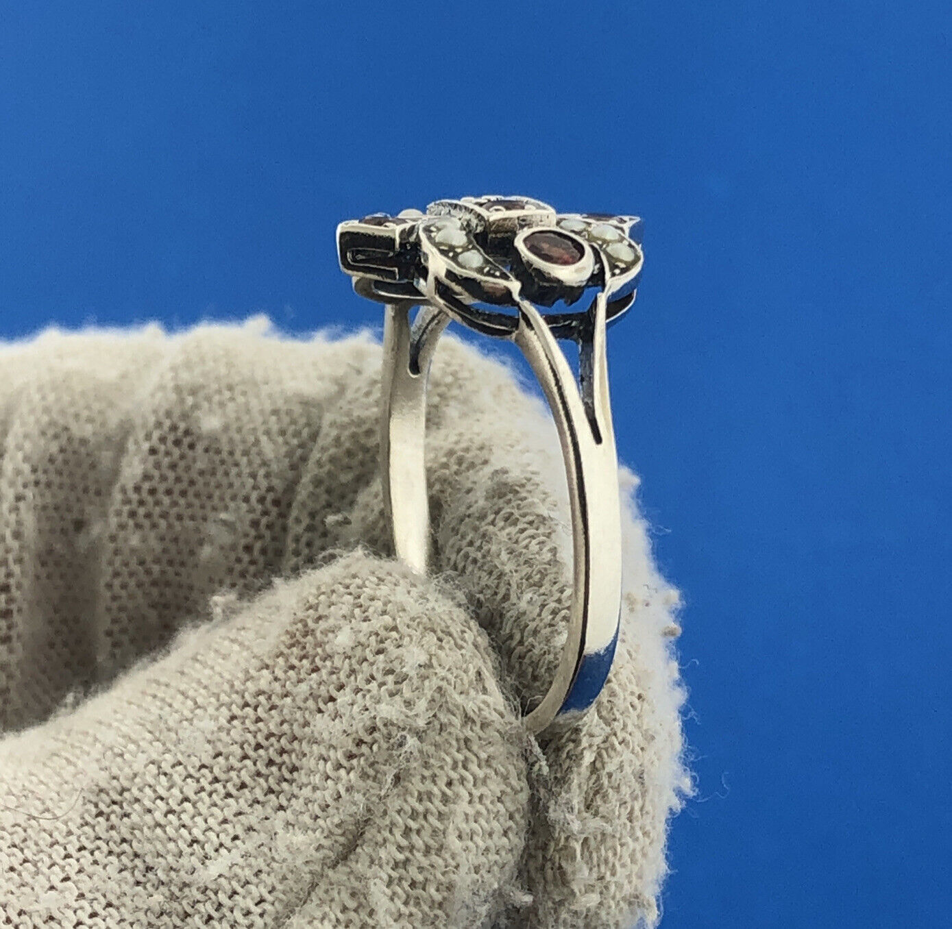 Vintage Sterling Silver 925 Orange Crystal Seed Pearl Fleur De Lis Ring