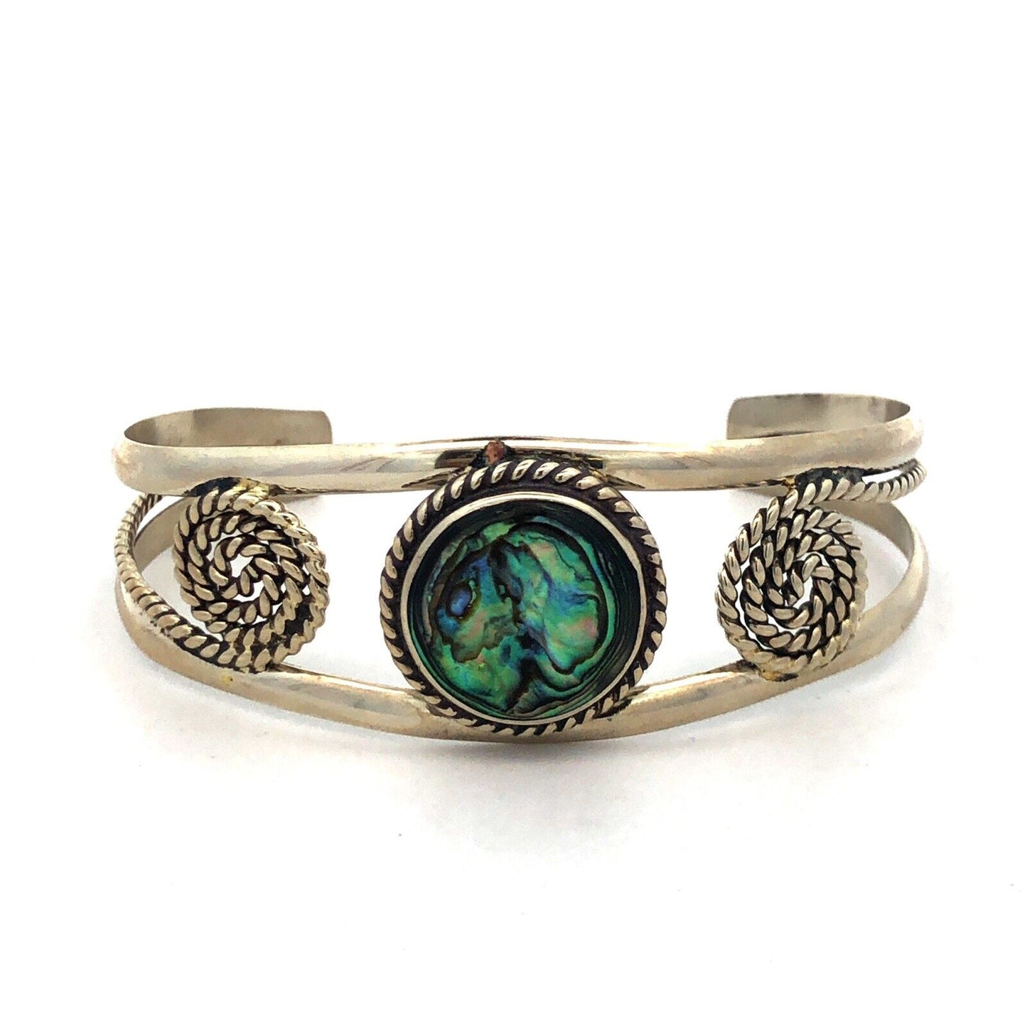 Vintage Mexico Alpaca 925 Sterling Silver Round Abalone Filigree Cuff Bracelet