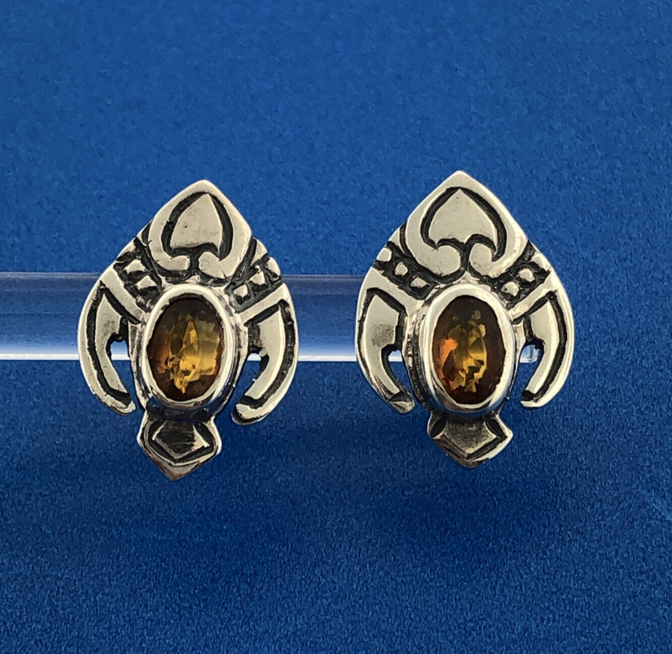 Vintage Sterling Silver 925 Oval Gold Quartz Concho Phoenix Design Earrings
