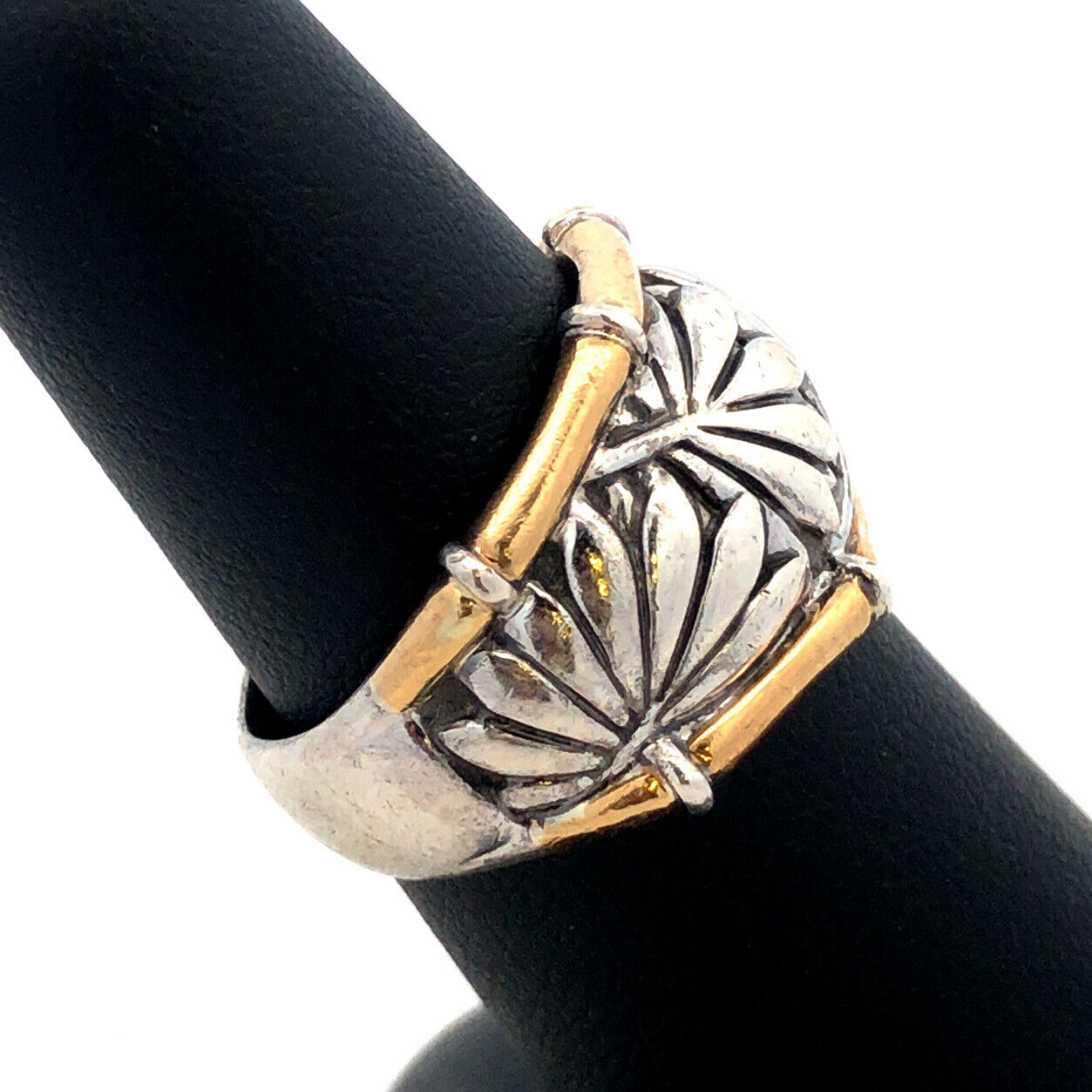 Designer P 925 Sterling Silver 22K Yellow Gold Palm Leaves Bamboo Wide Band Ring