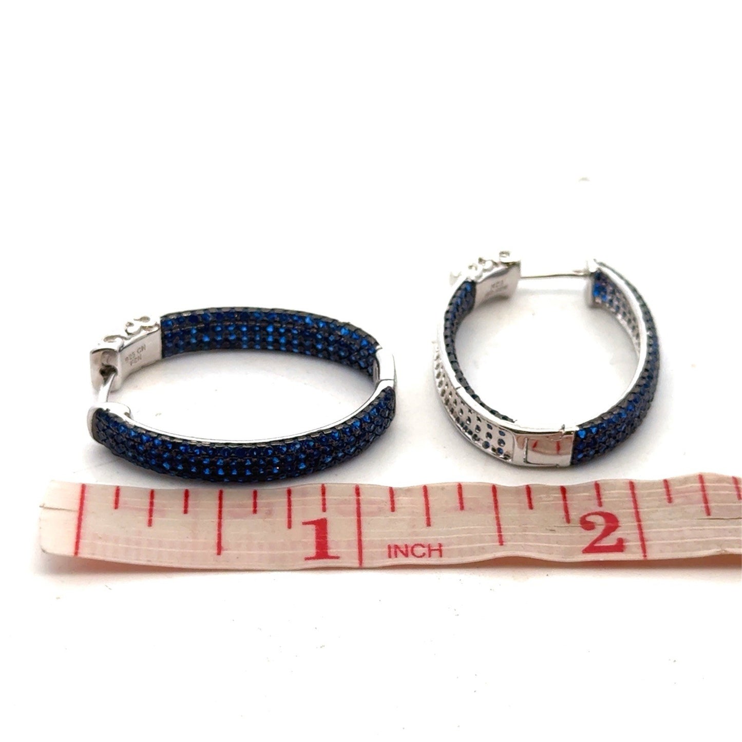 Designer 925 Sterling Silver Blue Quartz Pave Oval Inside Out Hoop Earrings