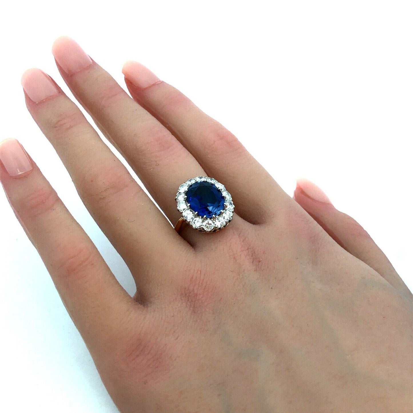 Estate 14K Yellow Gold Lab Created Blue Sapphire Diamond Halo Statement Ring