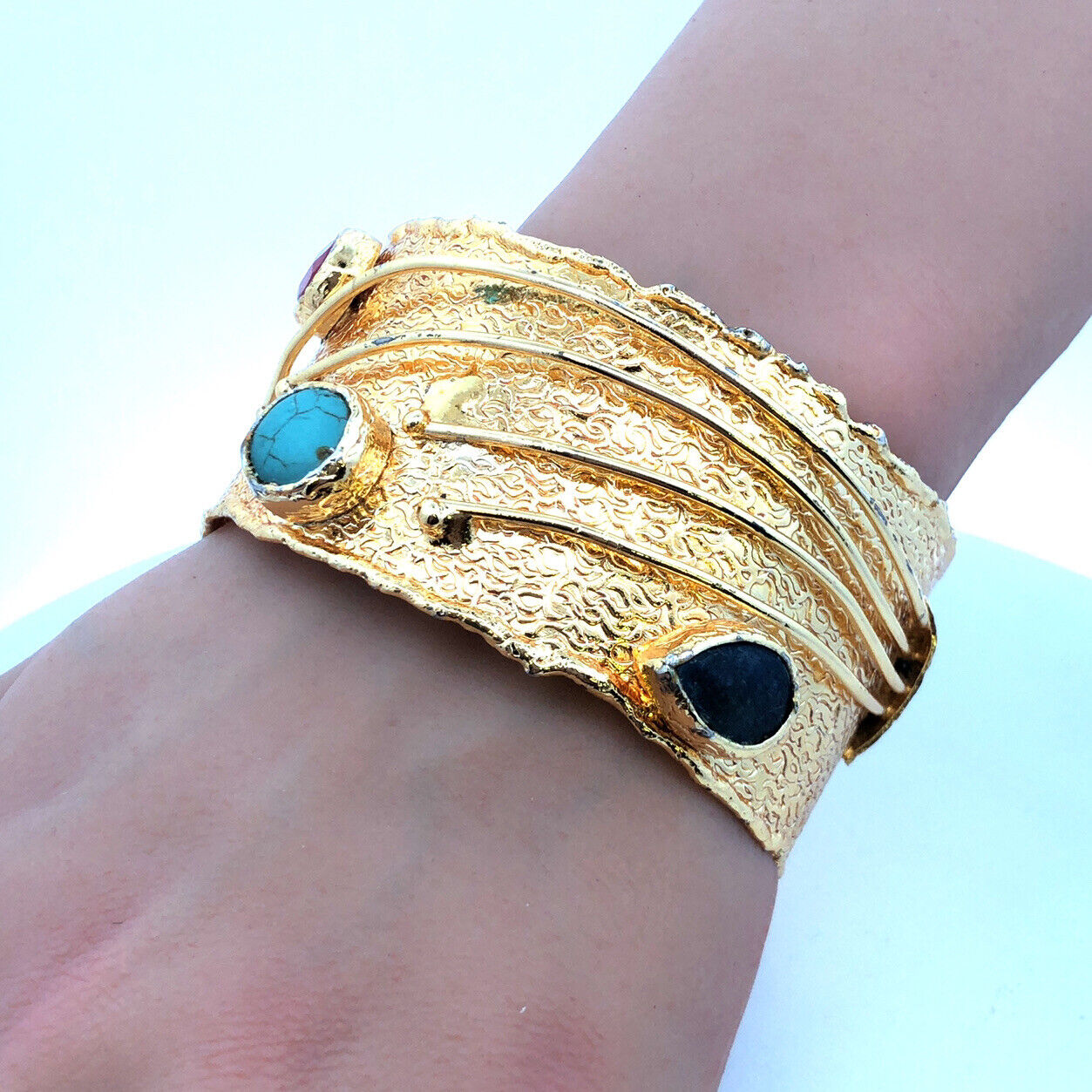 Retro Gold Tone Lapis Lazuli Turquoise Pink Tourmaline Wide Open Cuff Bracelet