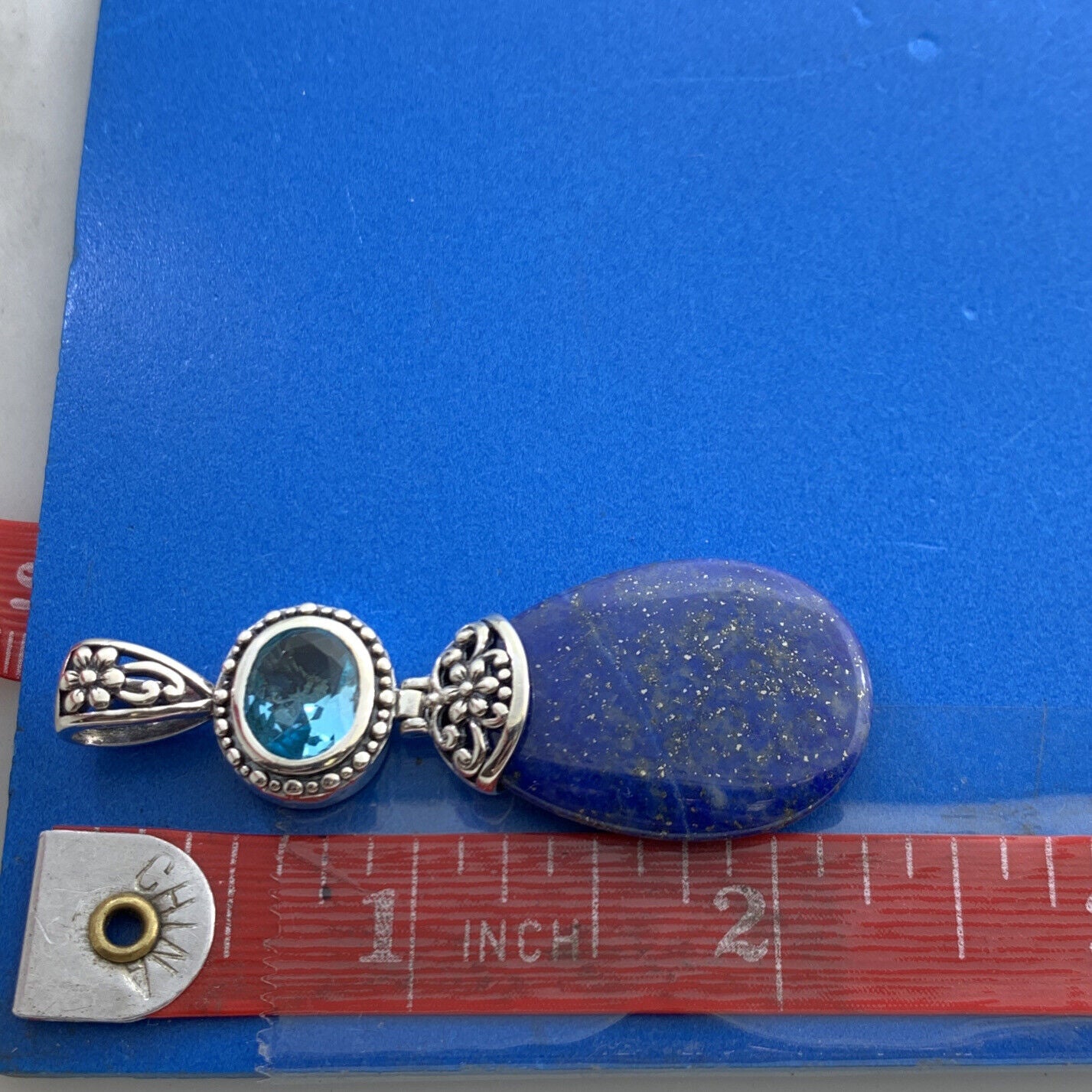 AF Sterling Silver Lapis-Lazuli Blue Cubic Zirconia Balinese Style Drop Pendant