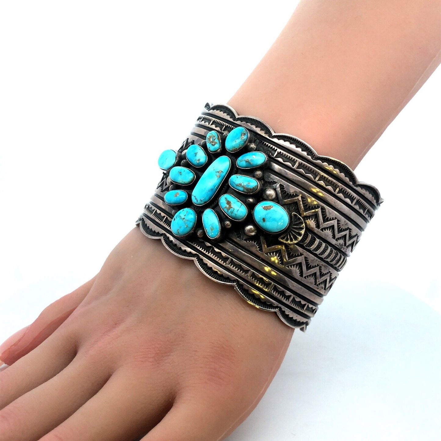 Andy Cadman Navajo 925 Sterling Silver Turquoise Concho Wide Open Cuff Bracelet