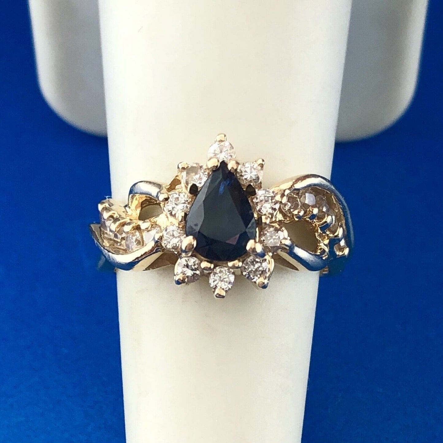 Retro Designer 14K Yellow Gold Sapphire Pear Diamond Halo Accented Cocktail Ring