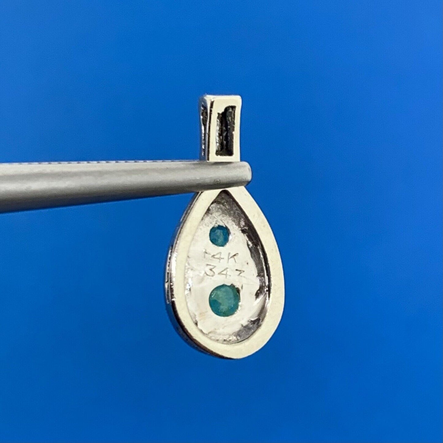 14K White Gold Emerald Diamond Baguette Accented Pear Shaped Pendant